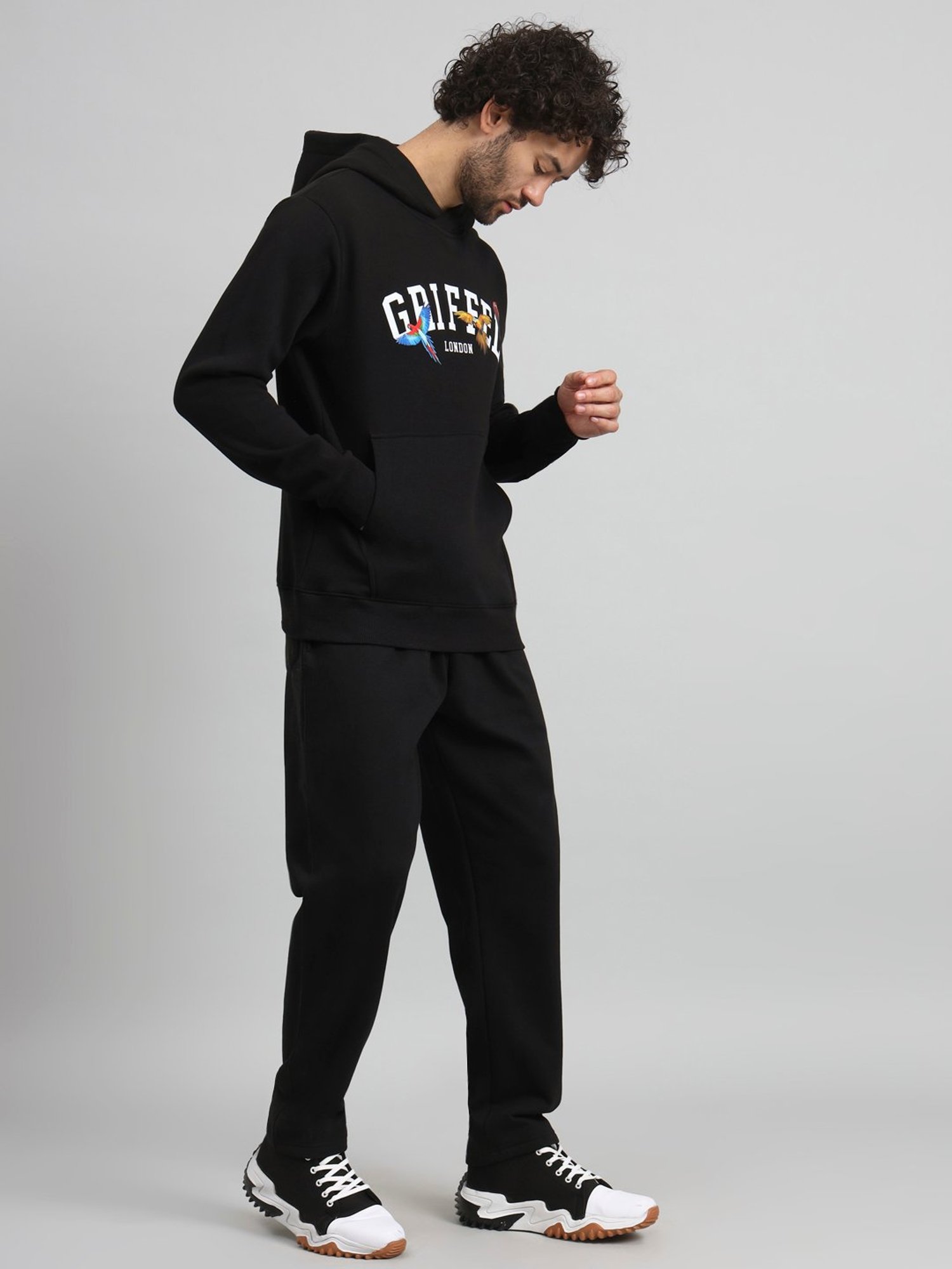 GRIFFEL Black Regular Fit Printed Hooded Sweatshirt & Trackpants Set