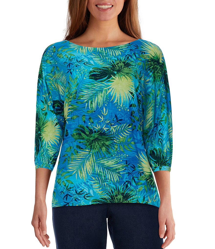 Ruby Rd. Tropical Palm Print Slub Knit Jersey Ballet Neck 3/4 Dolman Sleeve Top