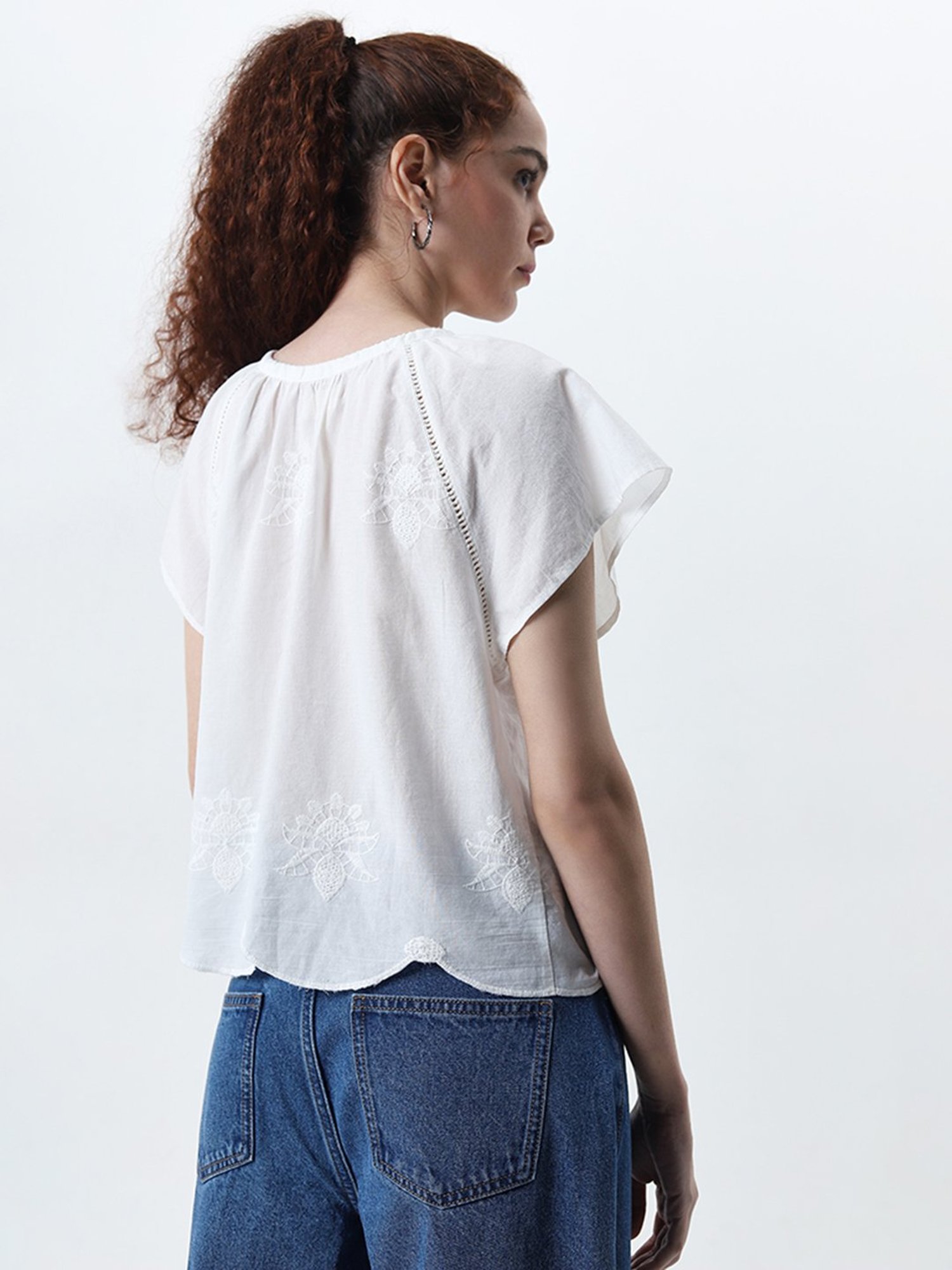 Bombay Paisley by Westside Ivory Floral Embroidered Cotton Top