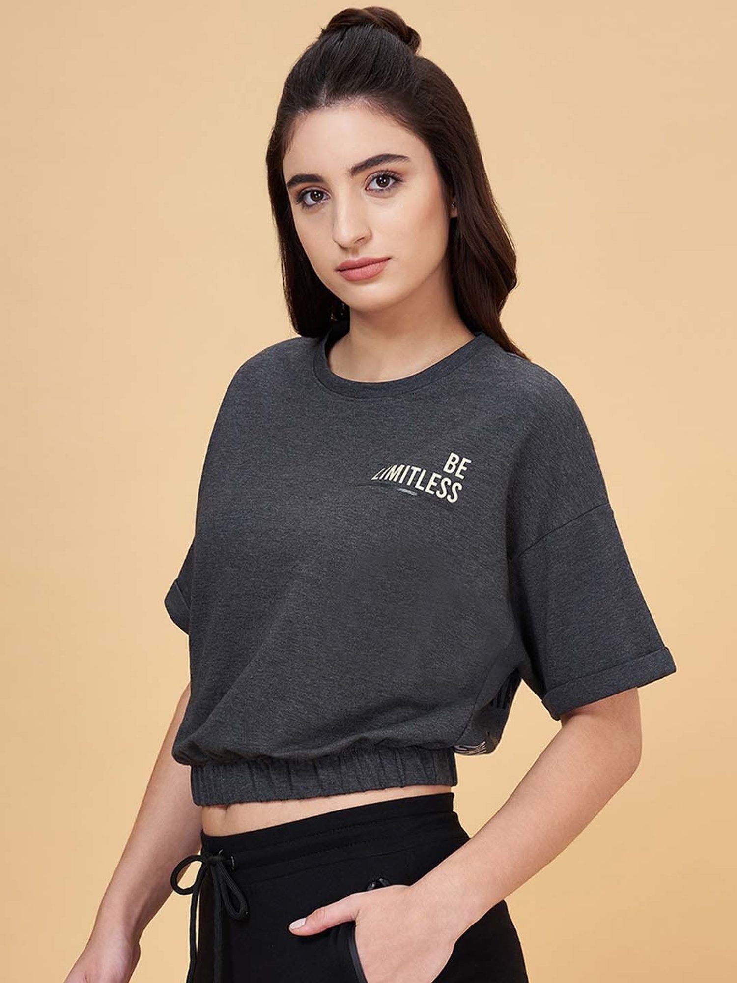Ajile by Pantaloons Grey Cotton Printed Sports Crop T-Shirt