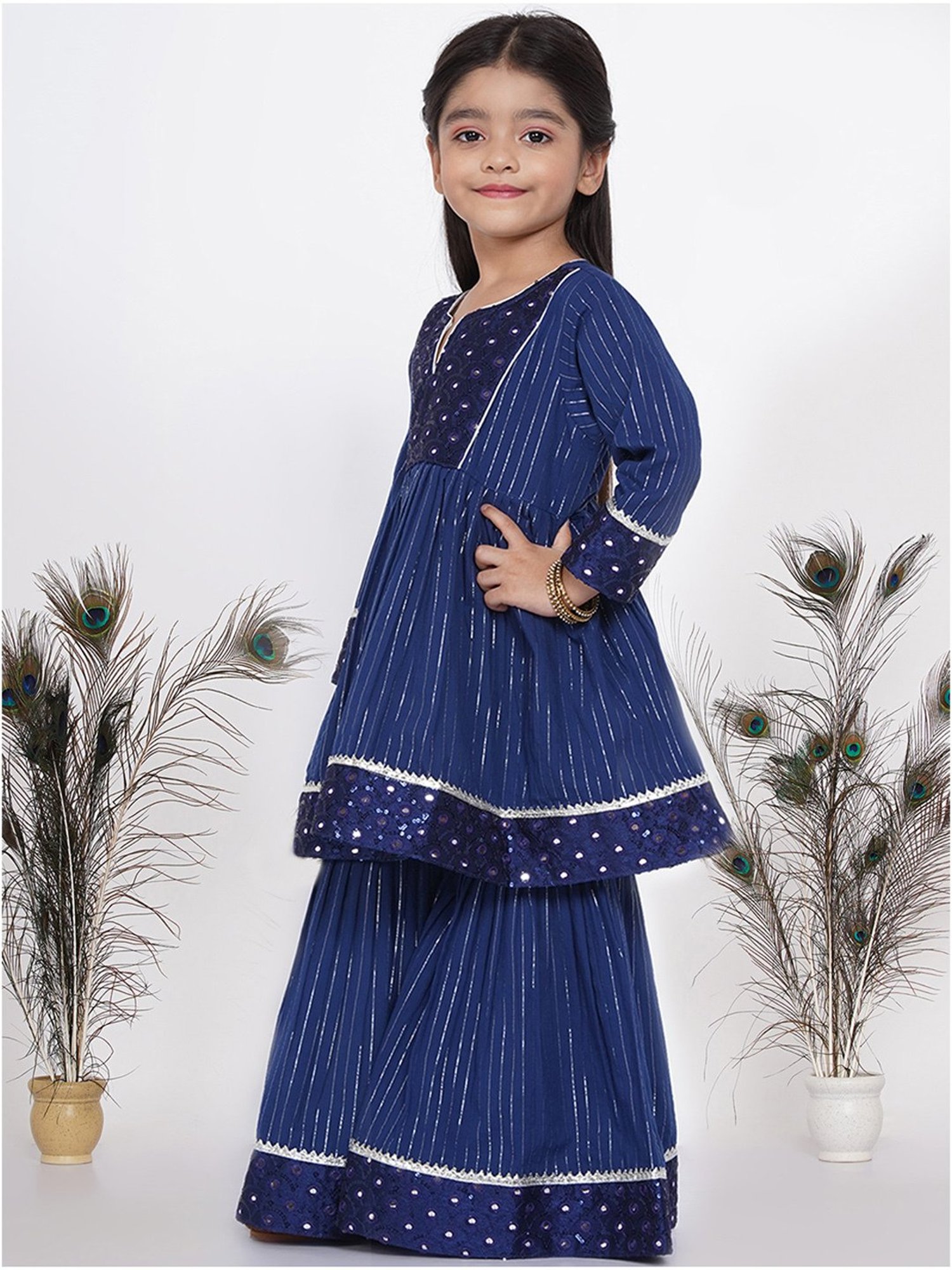 Little Bansi Kids Blue & white Cotton Sequence Full Sleeves Kurta Set