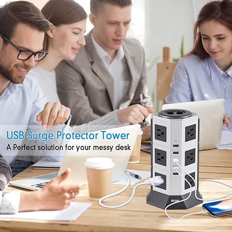 Surge Protector Desktop Power Strip Tower- 12 AC Outlets 5 USB Ports Charging Station 1875W/15A, 1050 Joules Multi Protection with 6.5ft Heavy Duty Long Extension Cord for Home Office ETL Listed