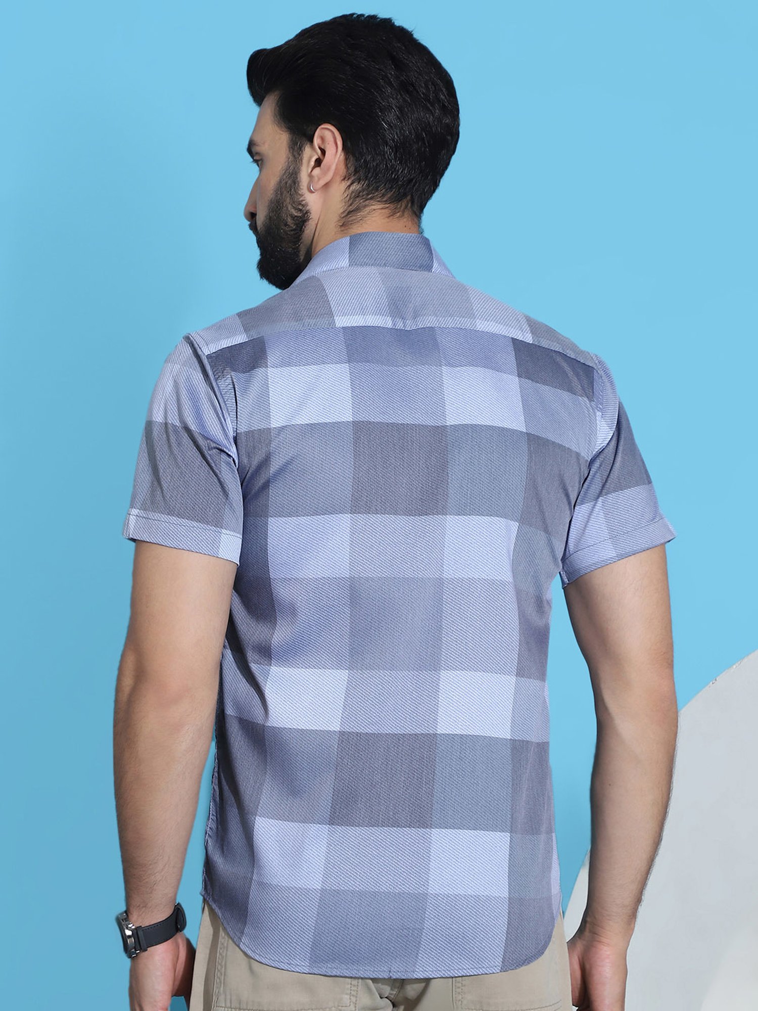 Indian Needle Grey & Blue Regular Fit Check Shirt