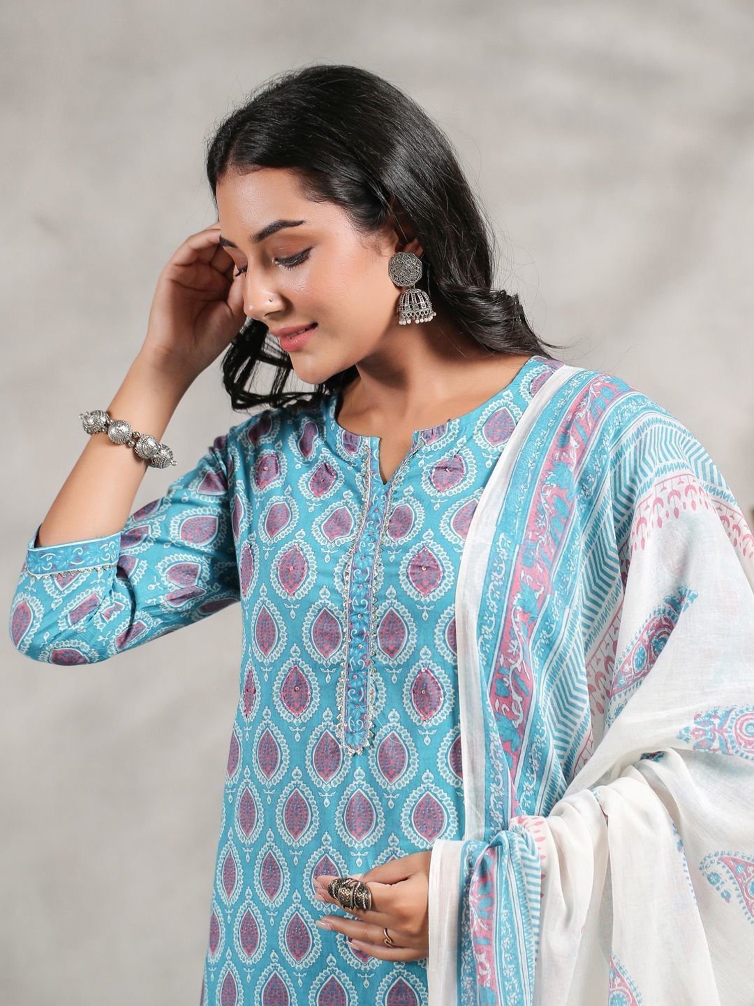 Anubhutee Turquoise Cotton Printed Kurta Pant Set With Dupatta