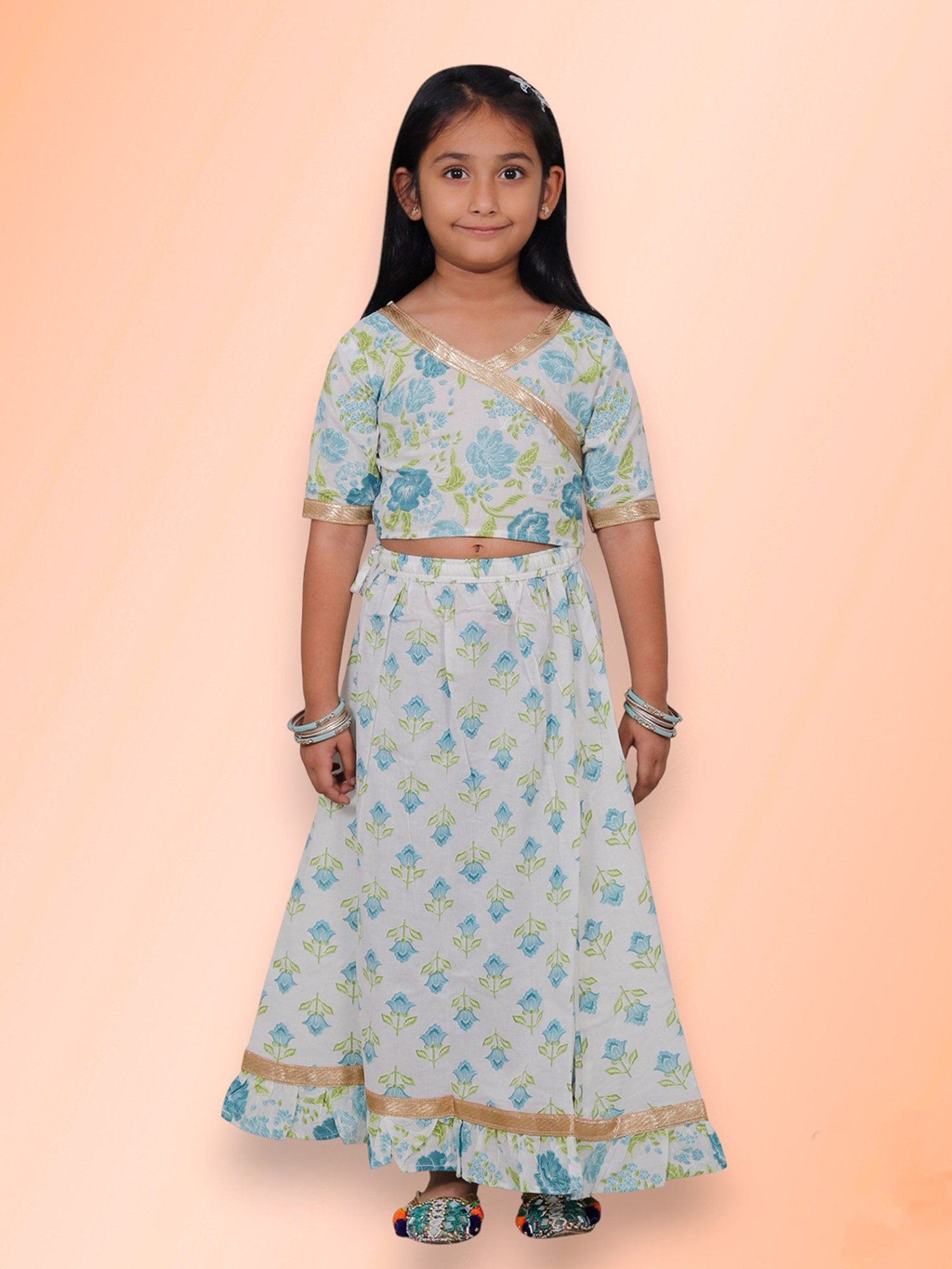 Tippy Top Kids White & Blue Floral Print Lehenga with Choli