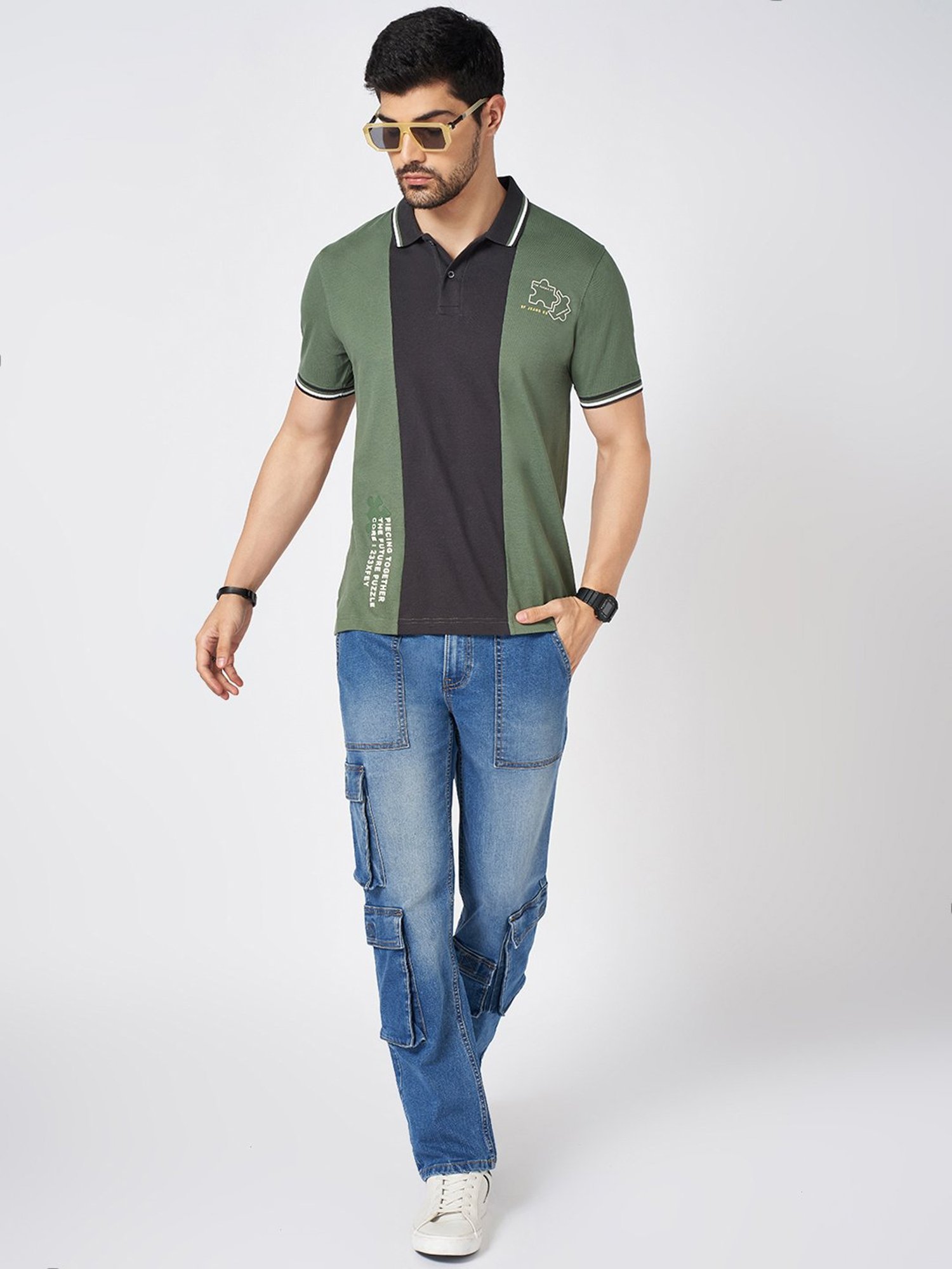 SF Jeans by Pantaloons Duck Green Cotton Slim Fit Solid Polo T-Shirt