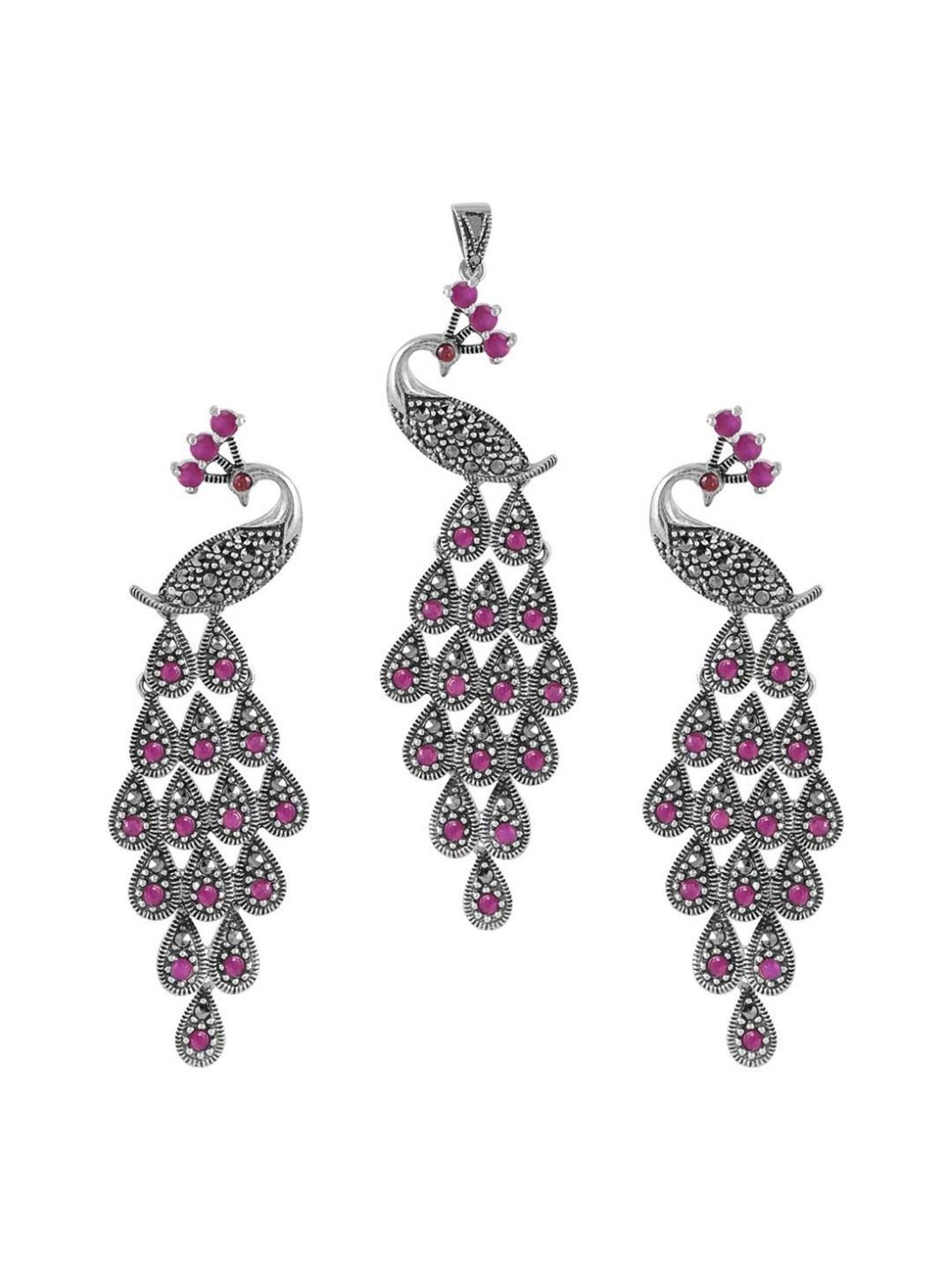 Rihi by P.C. Chandra Jewellers 925 Silver Pink Stone Peacock Pendant with Earring Set for Women