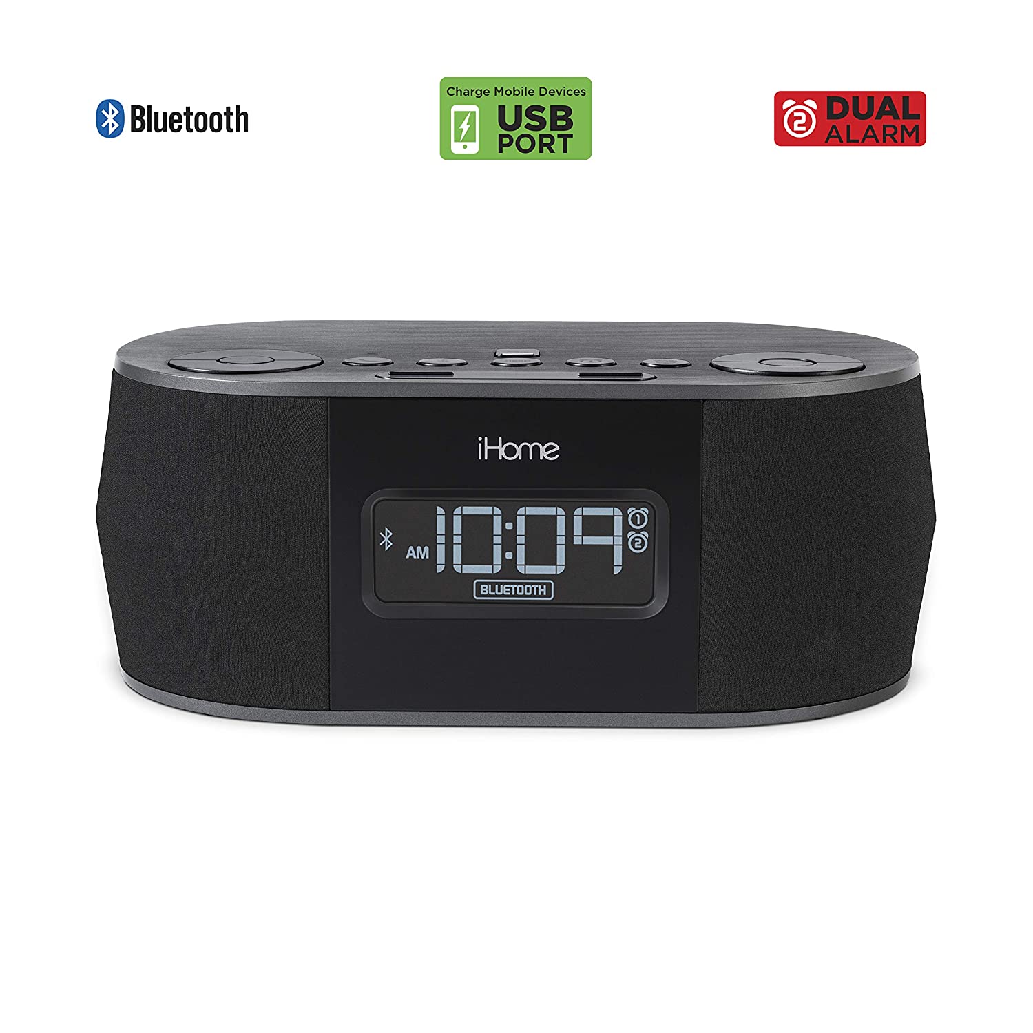iHome Wireless Bluetooth Stereo, Dual FM Alarm Clock Radio, USB Charging, Alarm Clock For Bedrooms, Alarm Clock, Voice Echo Cancellation, Twin Speakers, Hi-Quality Sound, Battery Backup, Display, Blac