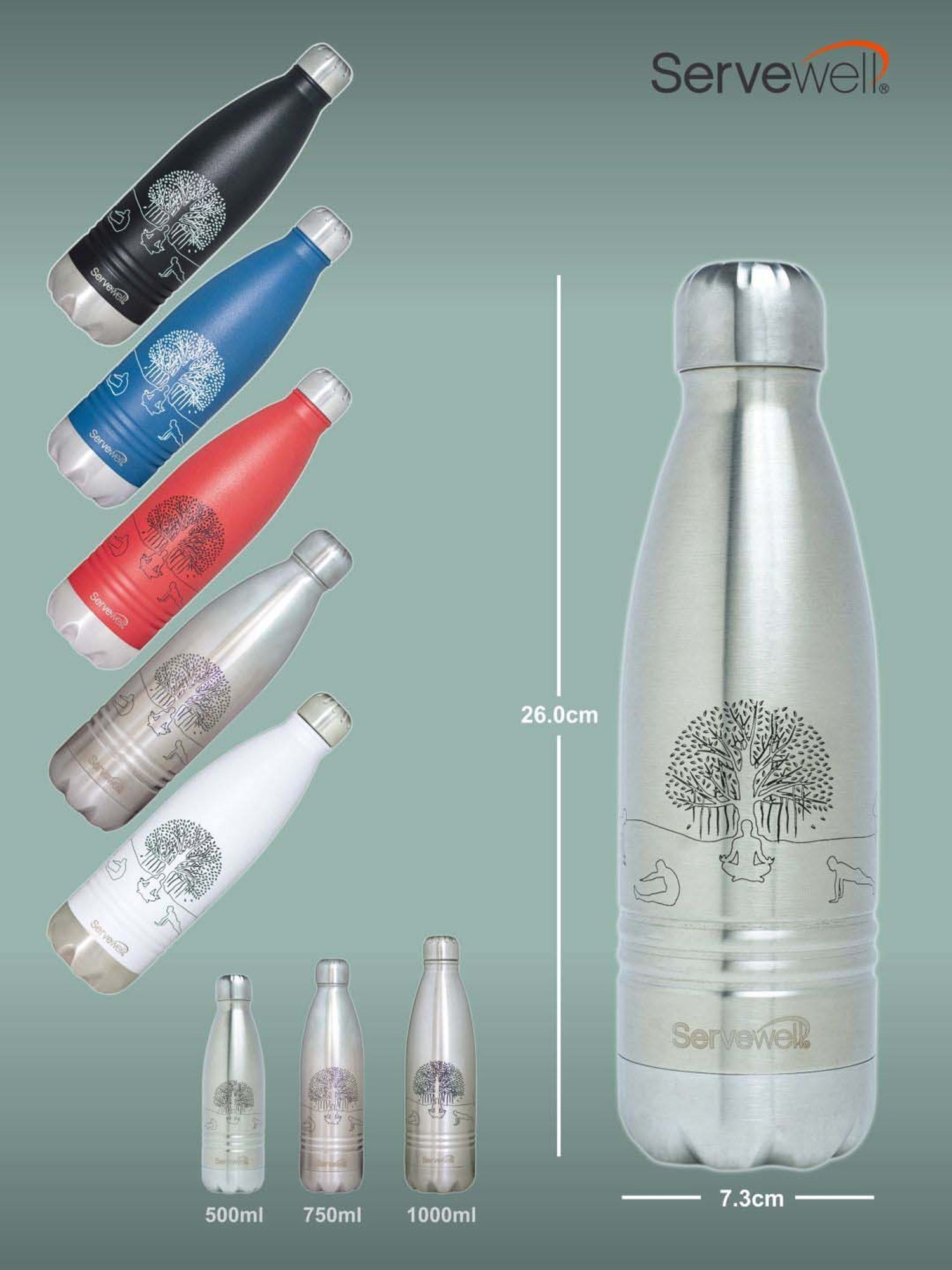 Servewell Indus Silver Stainless Steel Yoga Printed Vacuum Bottle (0.5 L)