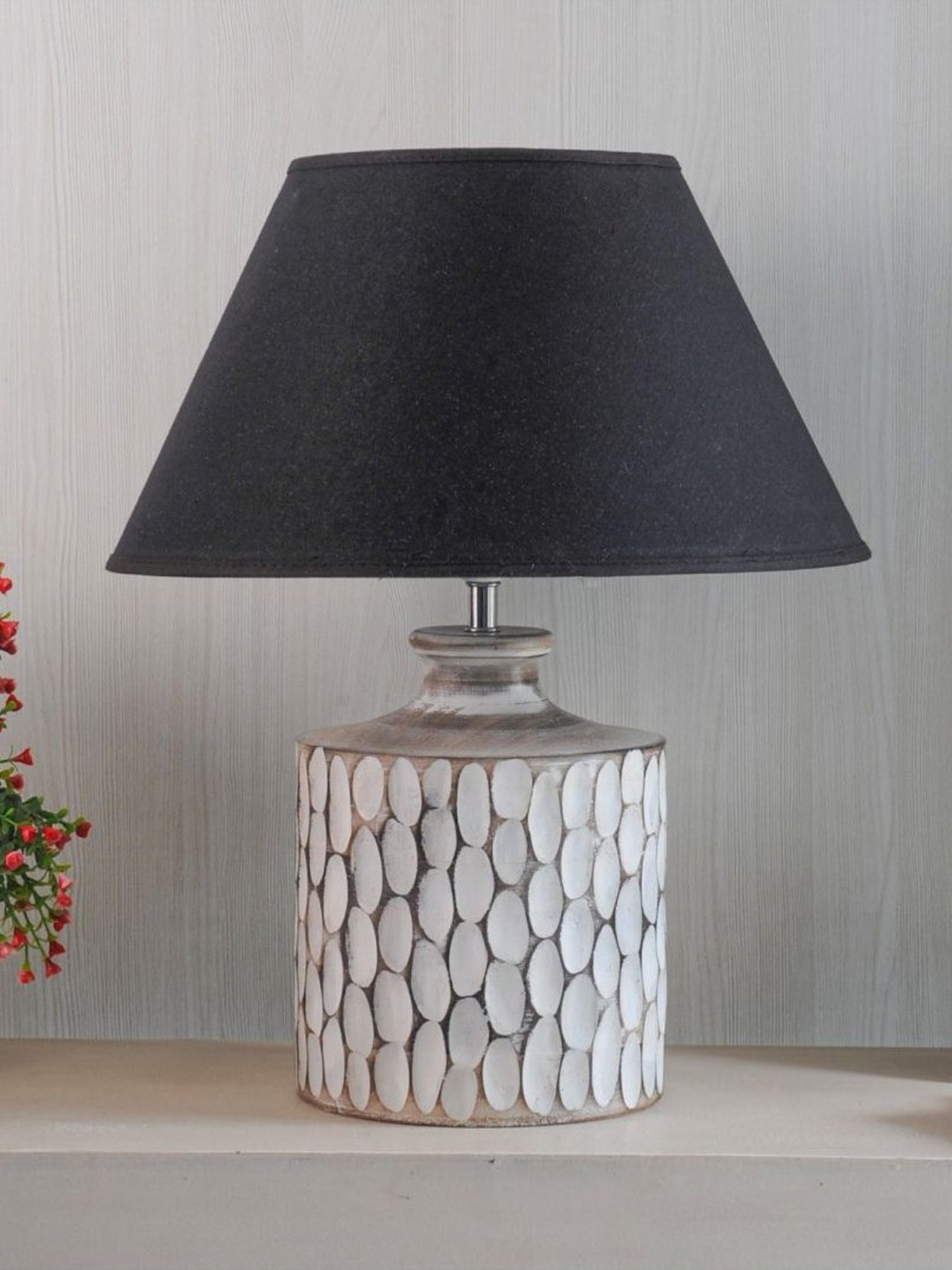 Kapoor Lamp Shades Distress White & Black Wood Garlen Carved Cotton Shade Table Lamp