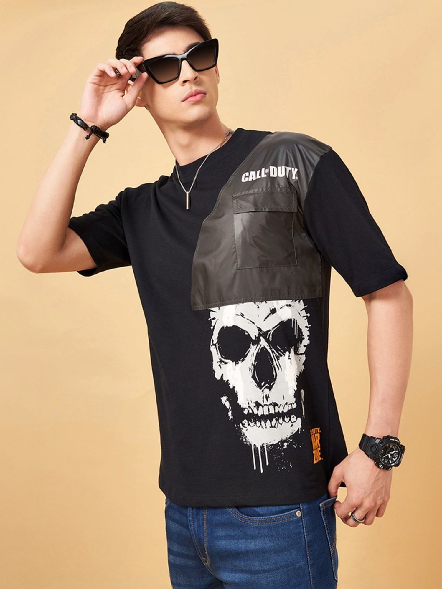Sf Jeans By Pantaloons Jet Black Comfort Fit Printed T-Shirt