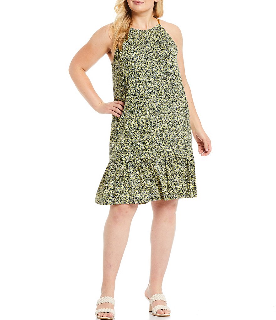 Jessica Howard Plus Size Crew Neck 3/4 Sleeve Printed Trapeze Dress