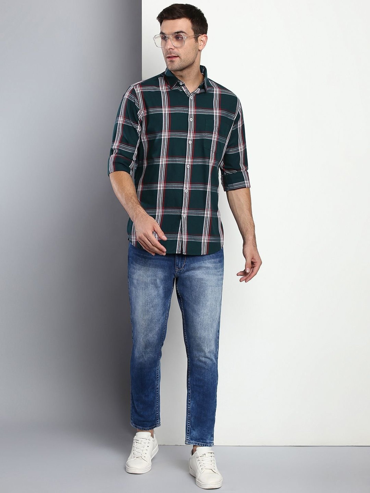 Dennis Lingo Green Cotton Slim Fit Checks Shirt