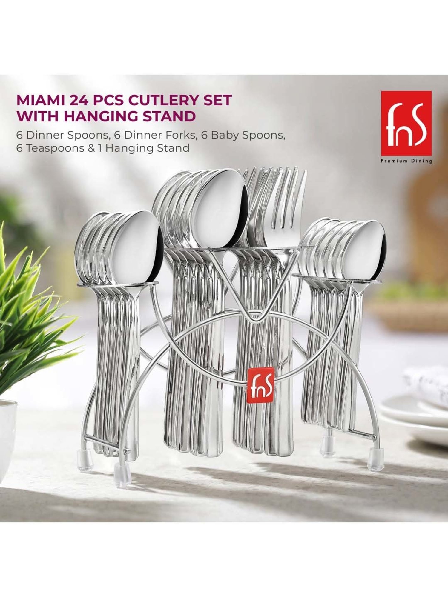 FnS Miami Silver Stainless Steel Cutlery - Set of 24