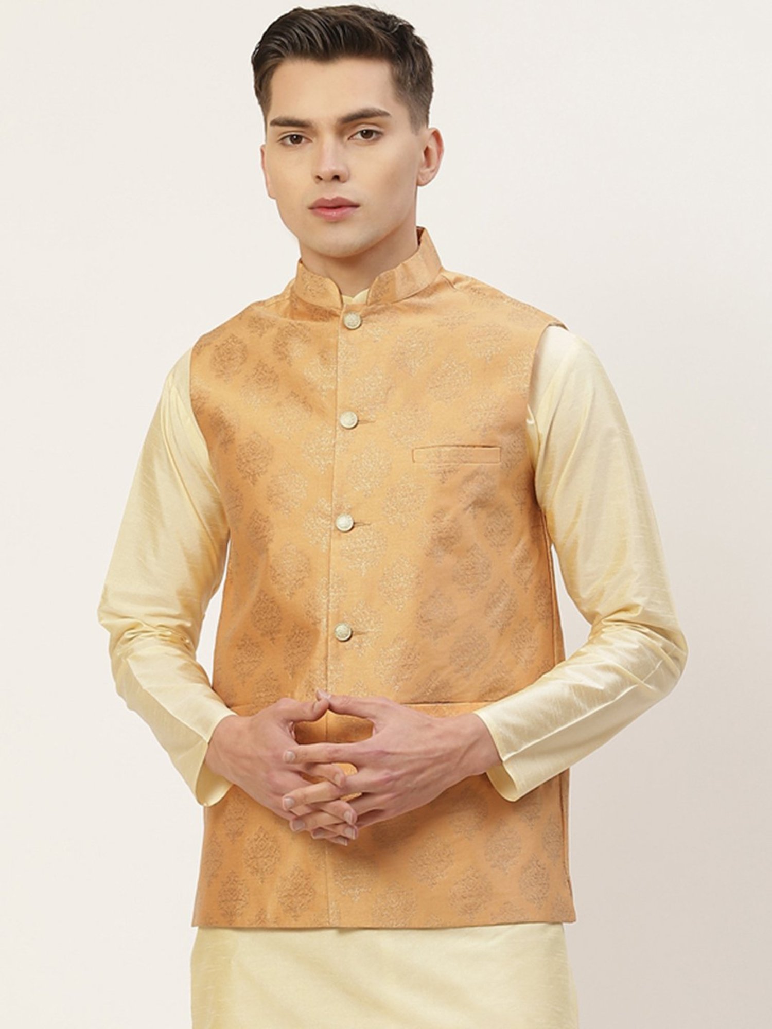 Jompers Peach Regular Fit Printed Nehru Jacket