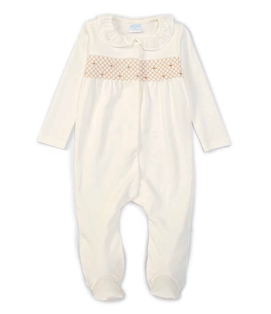 Edgehill Collection Baby Girls Newborn-6 Months Long-Sleeve Ruffle-Collar Smocked Footed Coverall