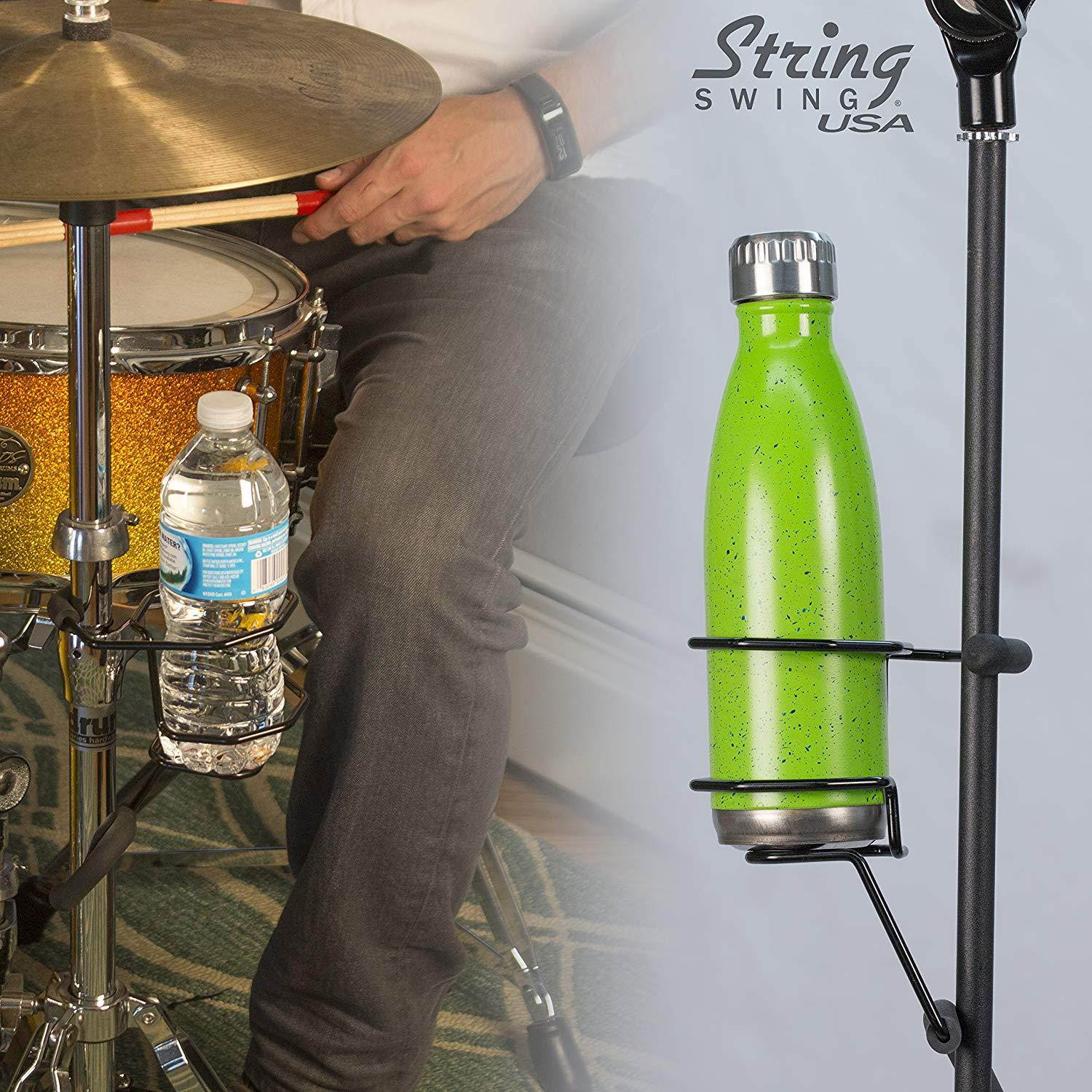 Mic Stand Drink Holder - Microphone & Cymbal Pole Stagehand Music Mount for Soft Beverages Soda Can Coffee or Tea Cup and Water Bottle - Black Heavy Duty Studio Quality Made in USA - String Swing SH01