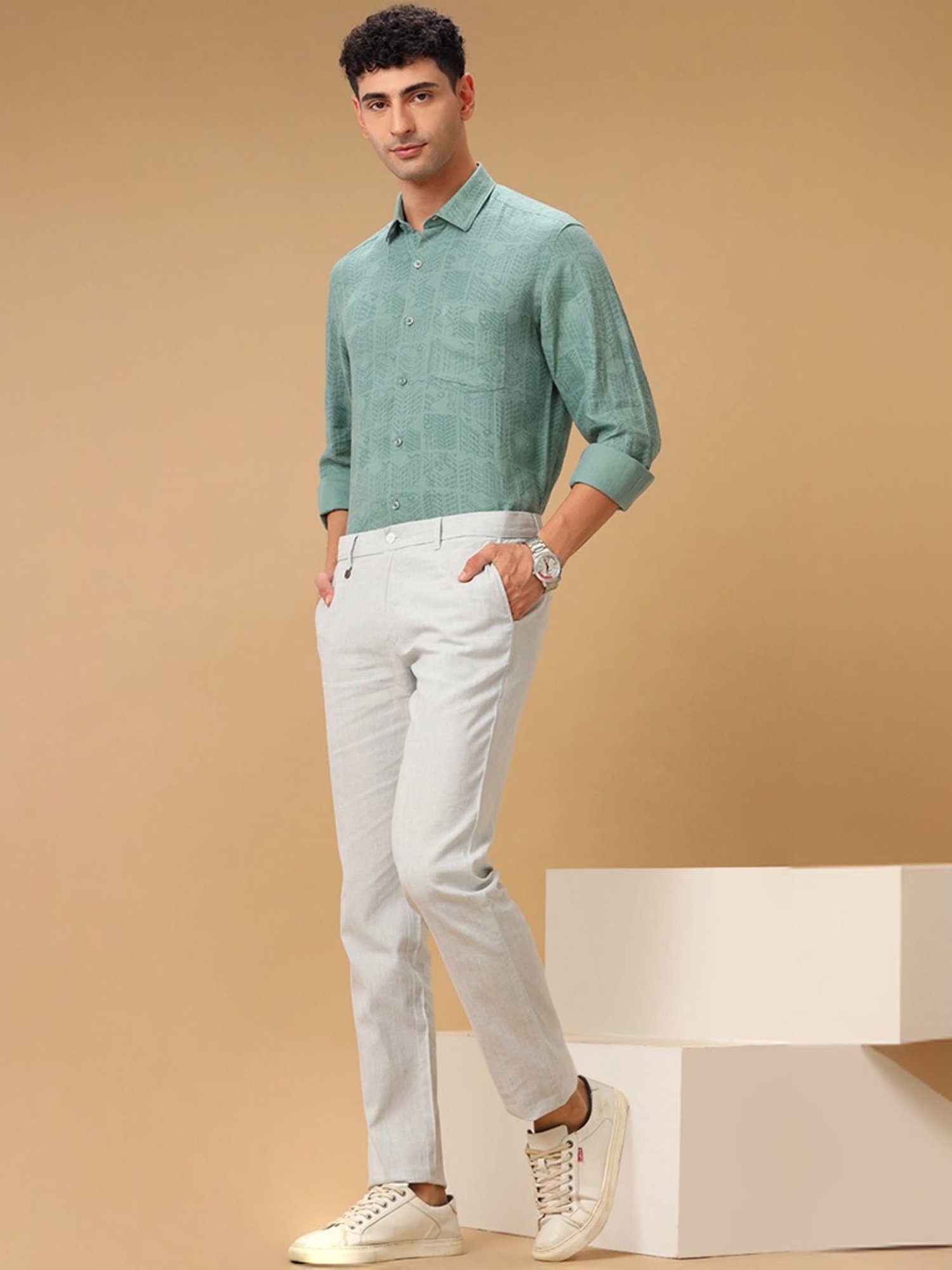 Linen Club Green Linen Contemporary Fit Printed Shirt