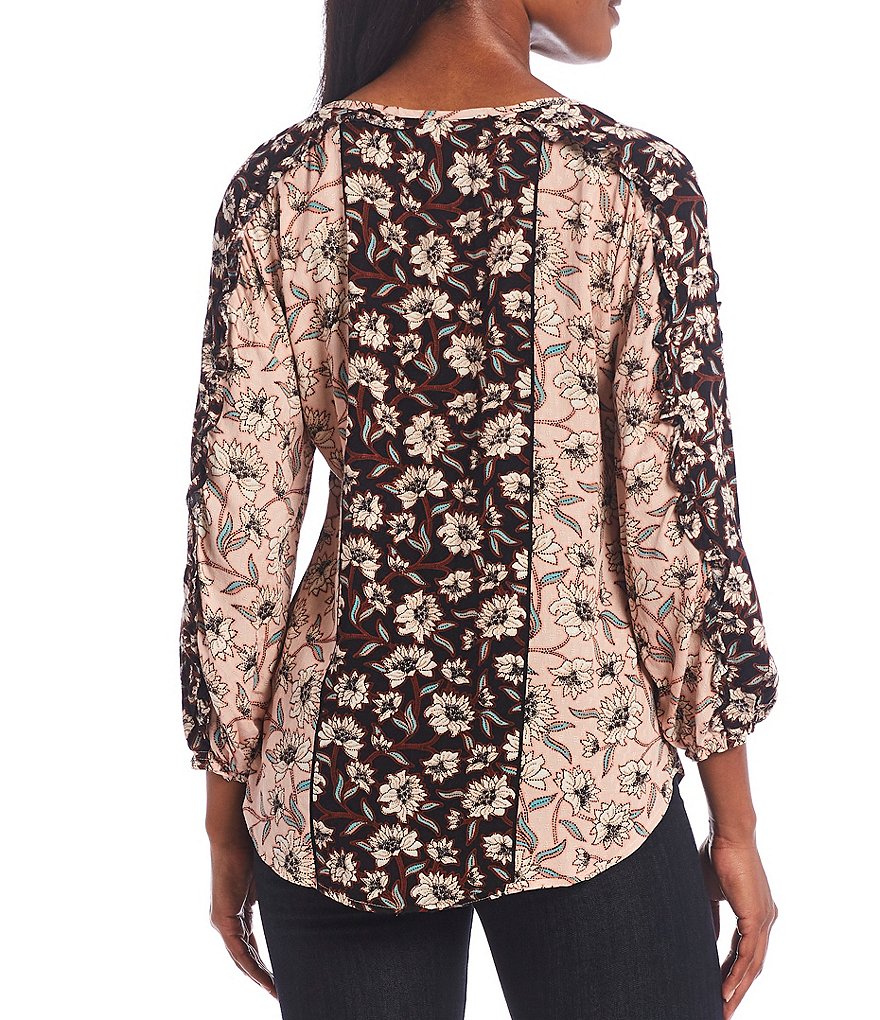 Democracy Border Floral Print Woven Notch Neckline Ruffle Edge Shoulder Detail 3/4 Sleeve Top