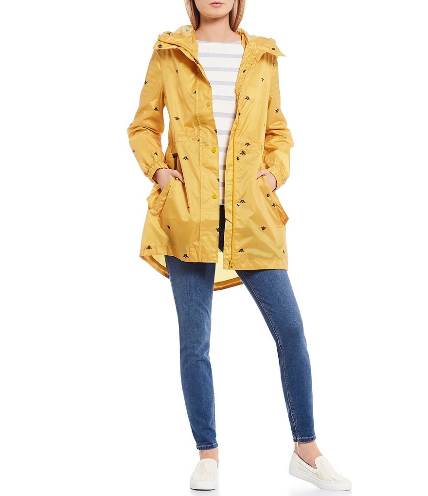 Joules Golightly Gold Bee Print Waterproof Packaway Hooded Rain Jacket