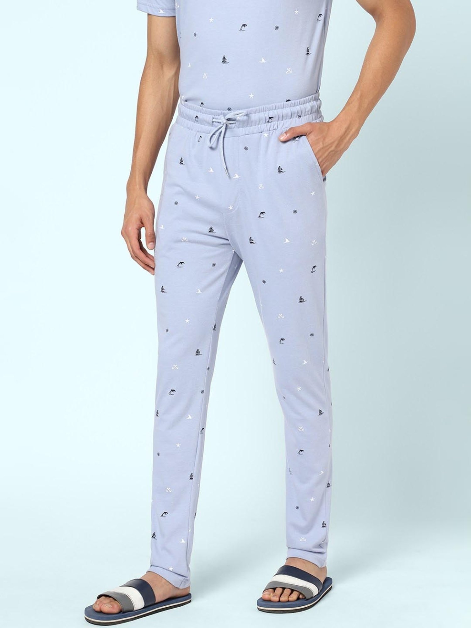 Ajile by Pantaloons Light Blue Cotton Slim Fit Printed Lounge Pants