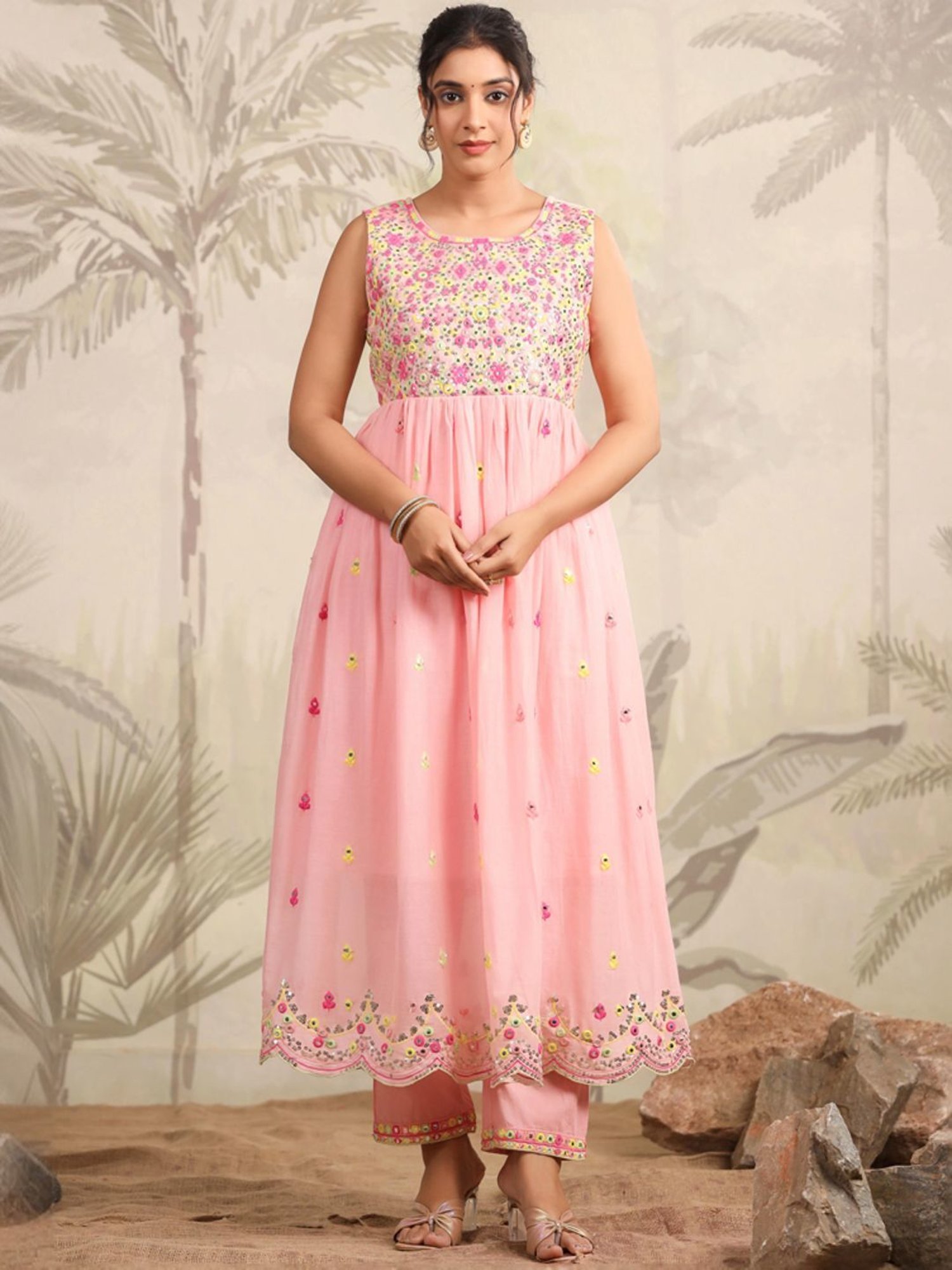 SCAKHI Pink Cotton Embroidered Kurta Pant Set With Dupatta