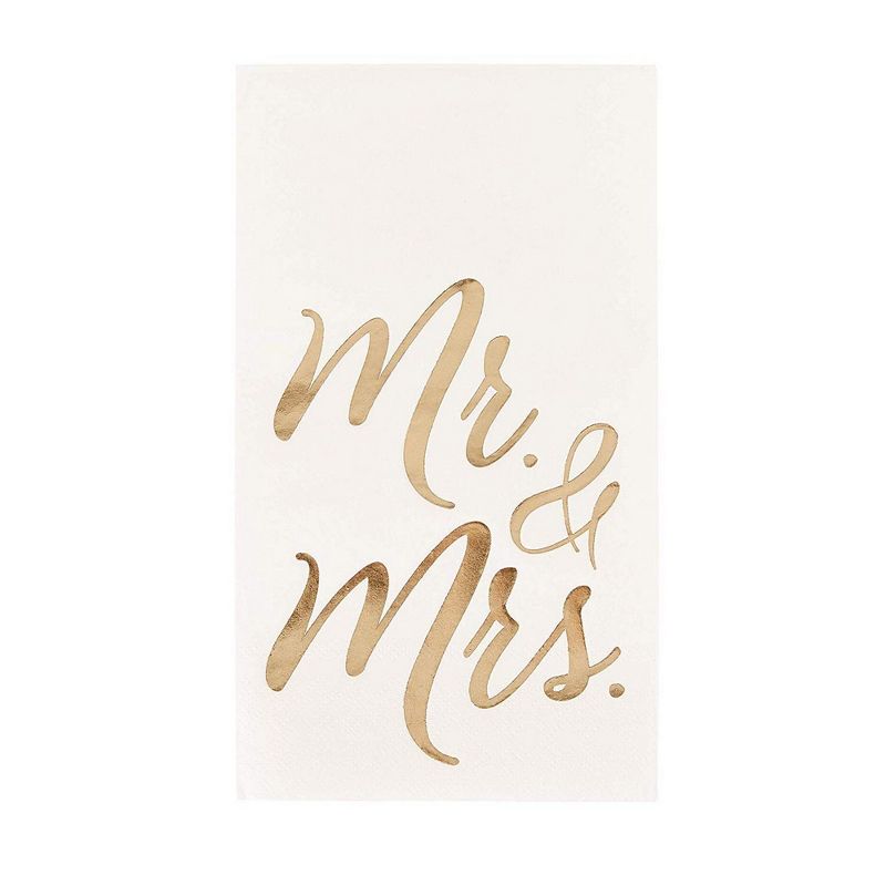 Juvale 50-Pack Mr and Mrs Gold Foil White Disposable Paper Napkins 4x8", Wedding Anniversary Party Supplies