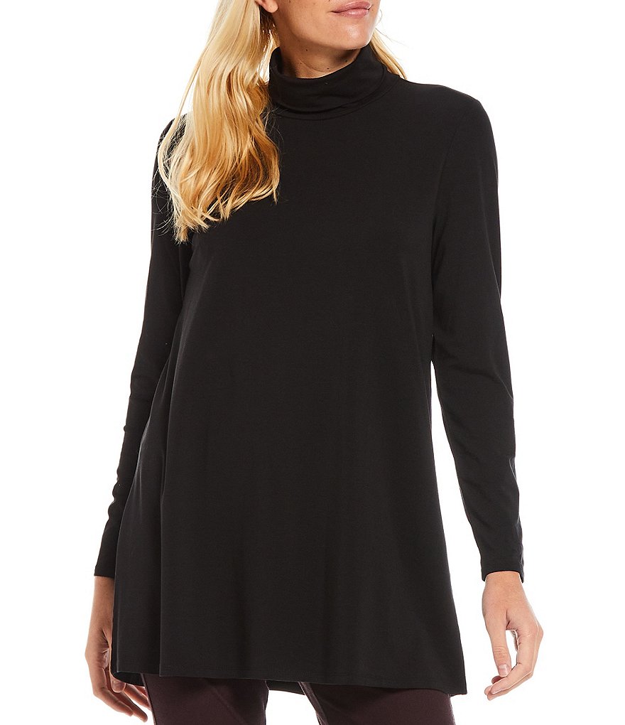 Eileen Fisher Fine Stretch Knit Jersey Scrunch Mock Neck Long Sleeve Tunic