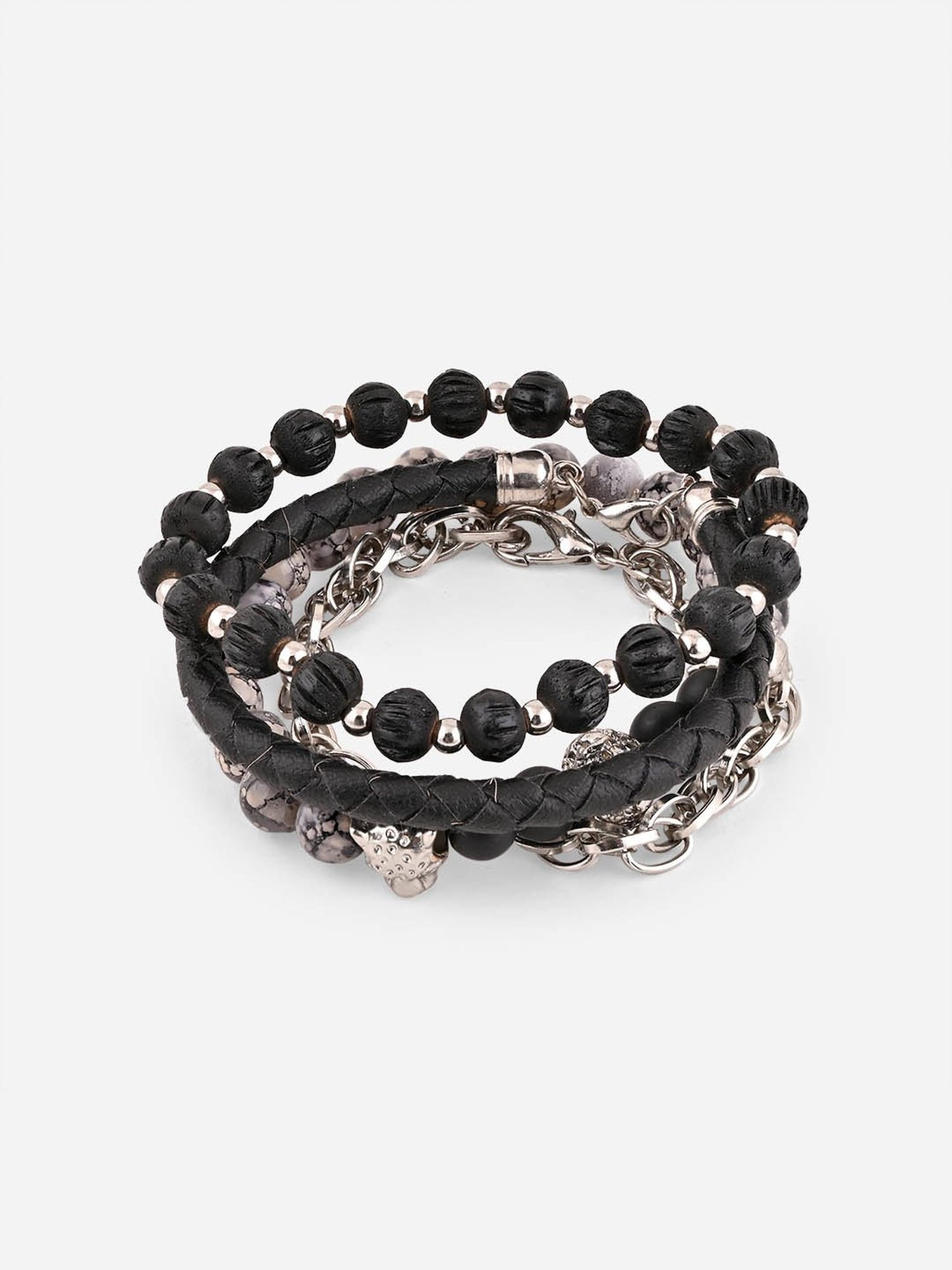 The Bro Code Silver Set of 4 Black Bold Skull Bracelet for Men