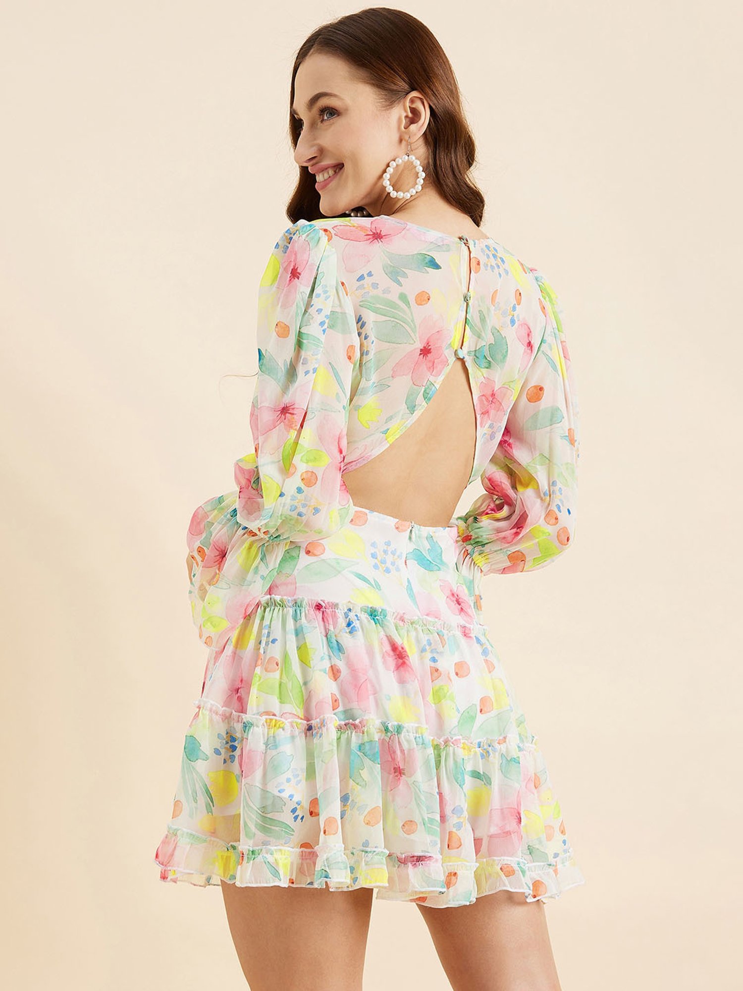 PANIT White Floral Print Ethnic Dress