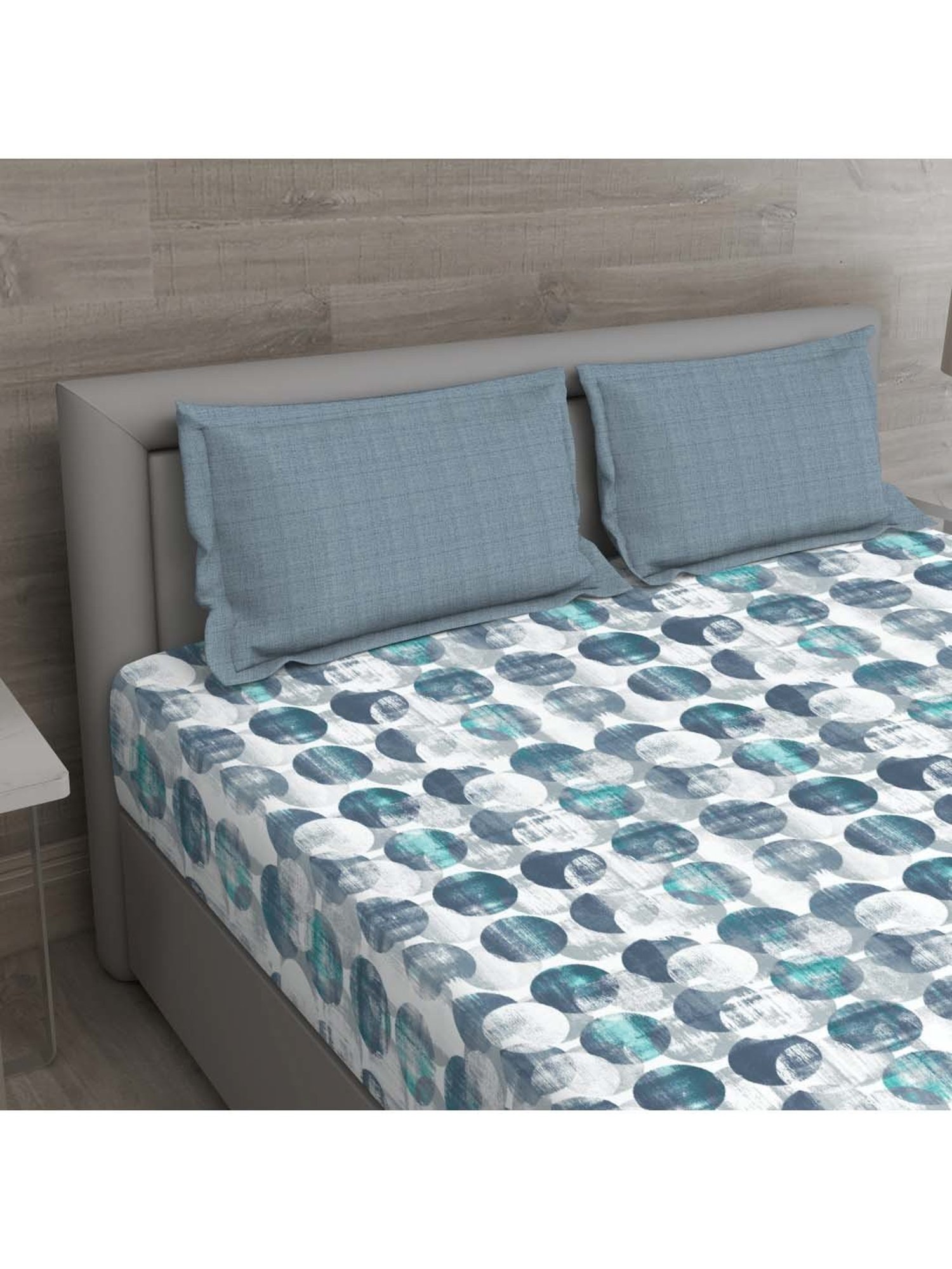 GM 'Regal' Blue & Grey Cotton 144 TC Double Bedsheet with 2 Pillow Covers