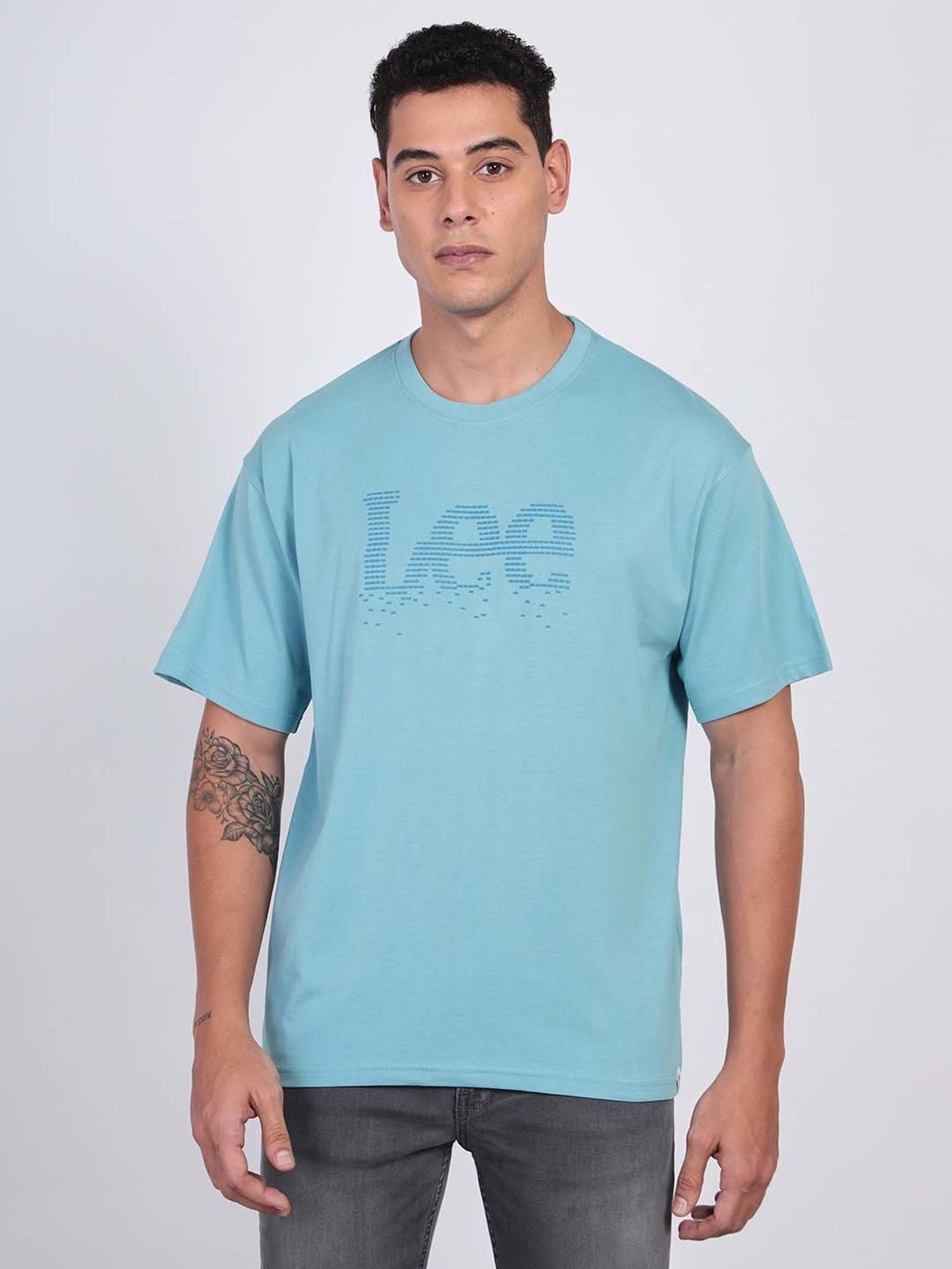 Lee Blue Loose Fit Logo Print Cotton Oversized Crew T-Shirt