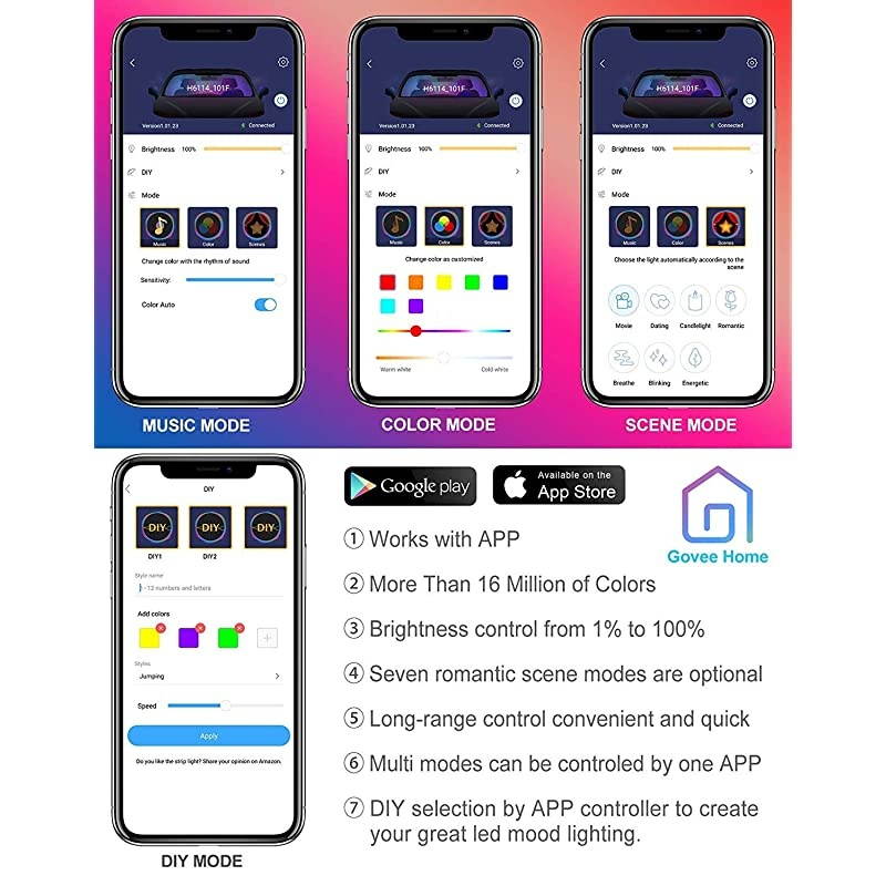 Interior Car Lights, LED Car Strip Lights with Two-Line Waterproof Design, 48 LEDs App Control Car Light Kit, DIY Mode and Music Sync Under Dash Car Lighting with Car Charger, DC 12V