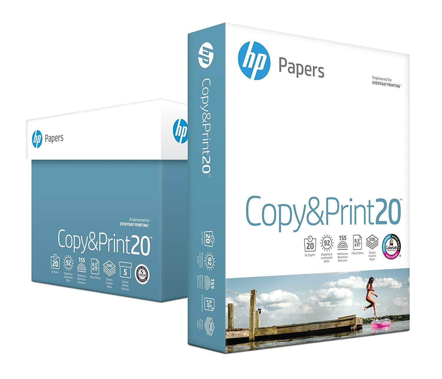 HP Printer Paper, Copy and Print20, 8.5 x 11, Letter, 20lb, 92 Bright, 2,500 Sheets / 5 Ream Carton (200350C) Made In The USA