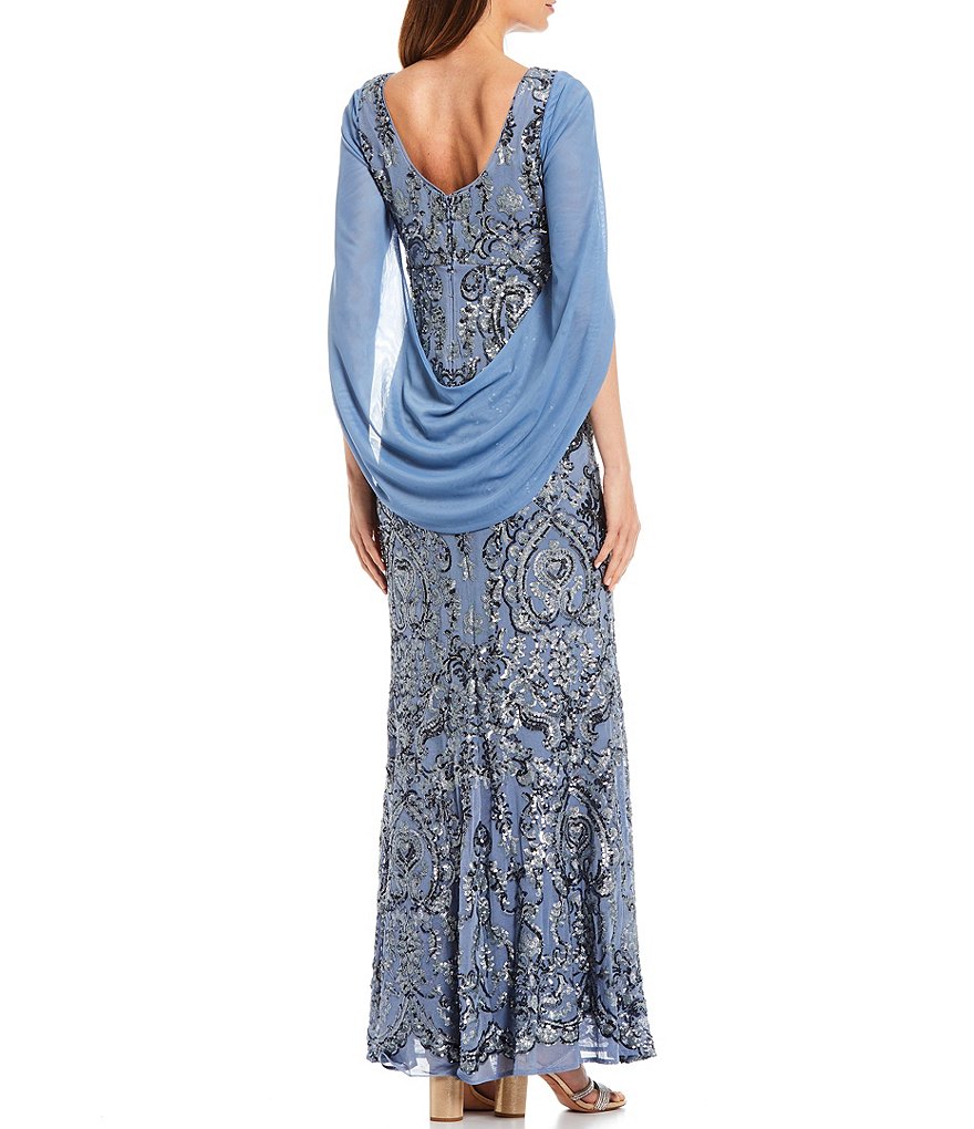 R & M Richards Matte Chiffon Draped Cowl Back Beaded Stretch Mesh Gown