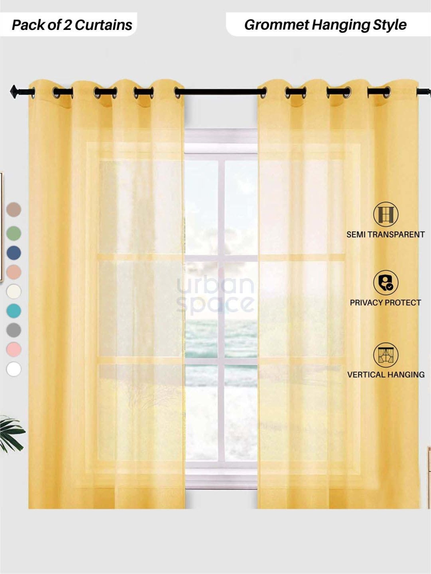 Urban Space Yellow Polyester Window Curtain With Tieback & Eyelet - Set of 2