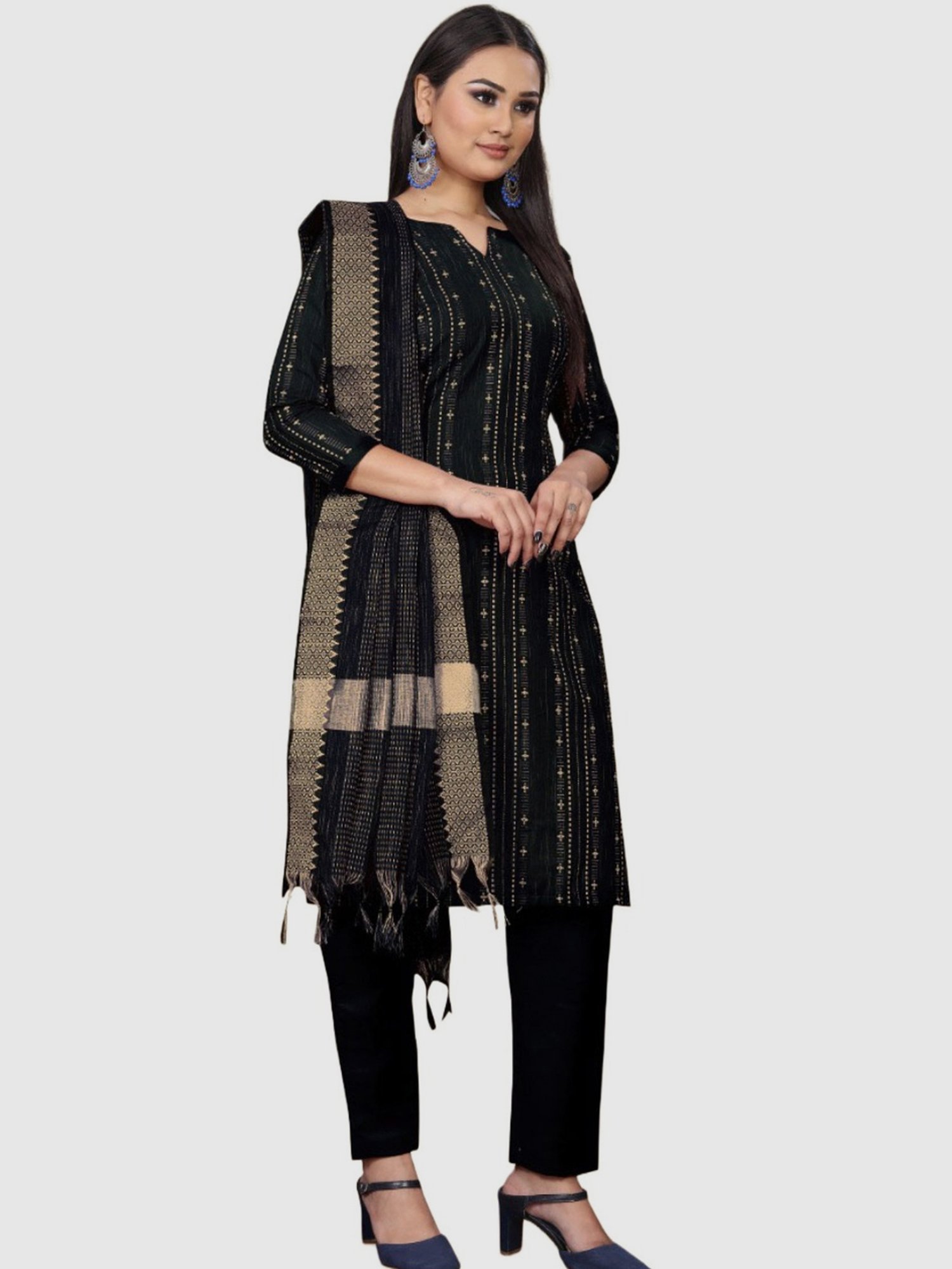 APNISHA Black Cotton Embroidered Unstitched Dress Material