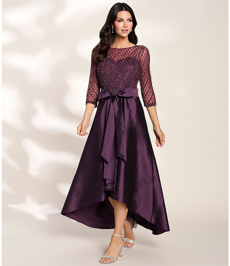 Pisarro Nights Beaded Bodice Hi-Low Boat Neck 3/4 Sleeve Dress