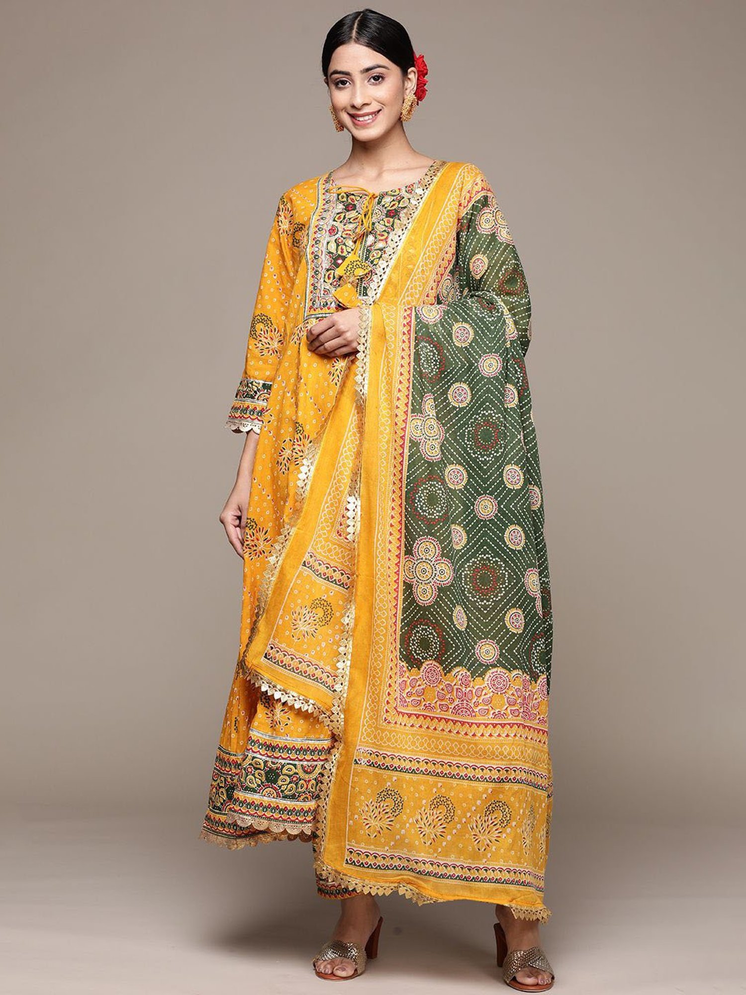 Anubhutee Yellow & Green Cotton Embroidered Kurta Pant Set With Dupatta