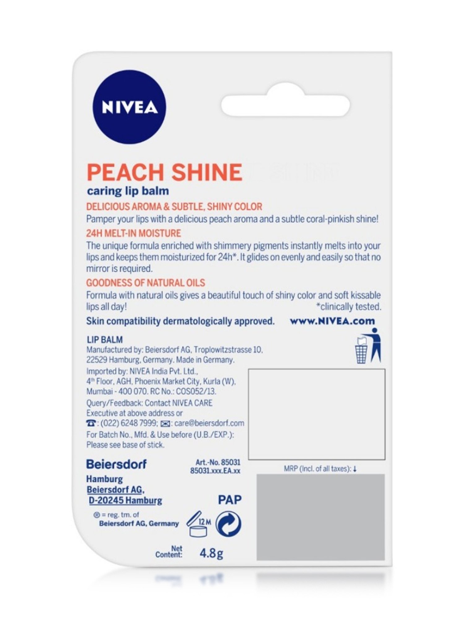 Nivea 24H Moisture with Natural Oils Lip Balm Coral Pink Shine & Peach Aroma - 4.8 gm
