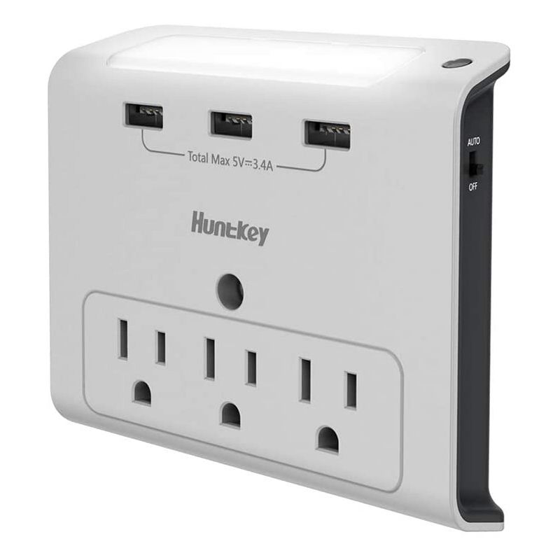 Huntkey 3 x SMD307 High Efficiency Wall Mount Outlet with Three 2.1 Amp USB Ports and Standard American Outlets, Cradle Ledge, White (2 Pack)