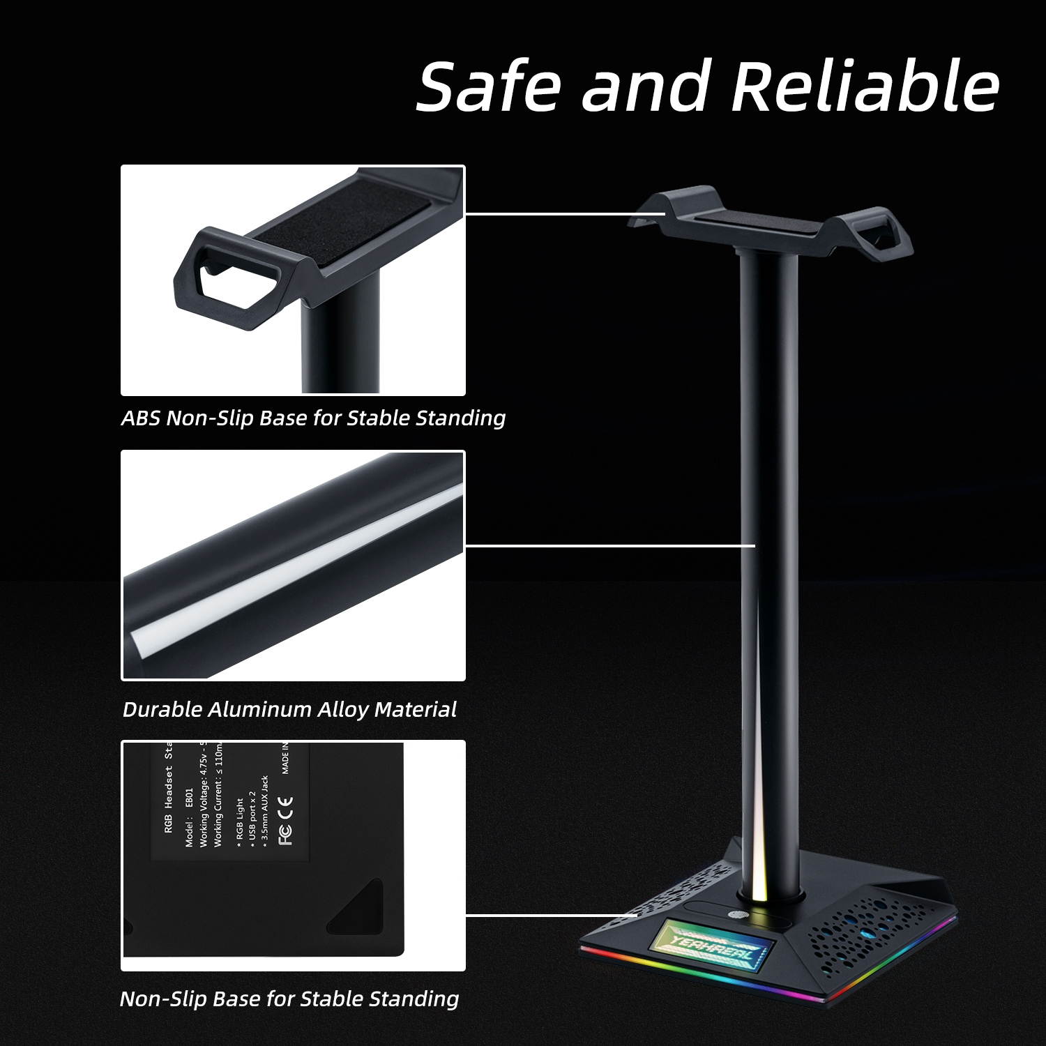 RGB Headphone Stand With 2 USB 2.0 Hub and 3.5mm Port for PC