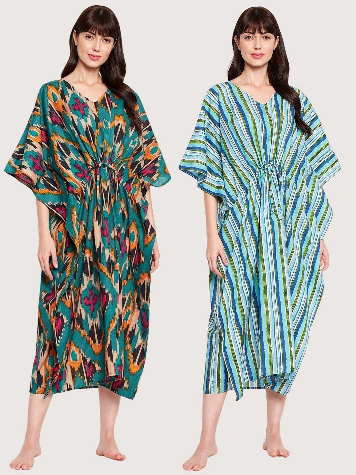Secrets By ZeroKaata Green & Blue Cotton Printed Kaftan - Pack Of 2