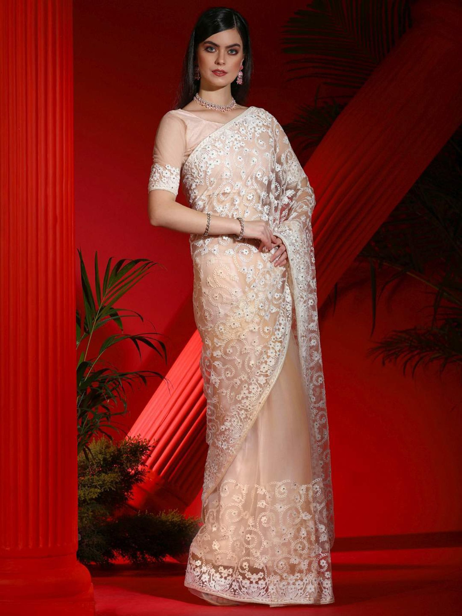 Saree Mall Peach Embroidered Saree With Unstitched Blouse