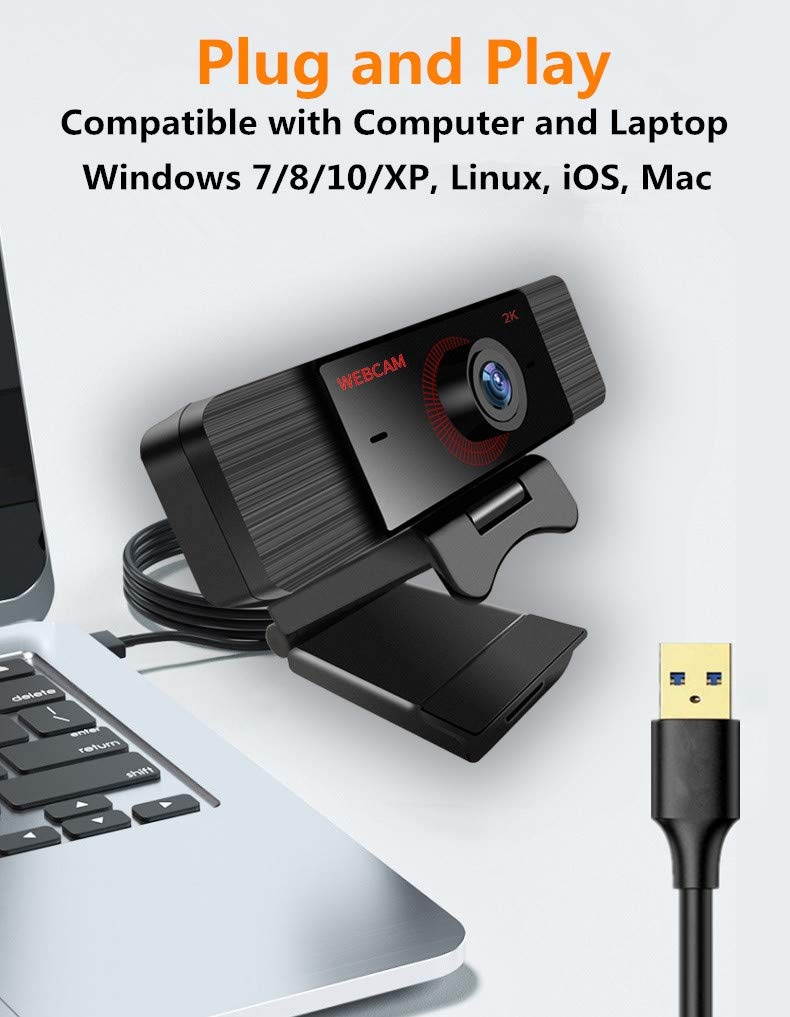 2K Webcam with Microphone for Computer Laptop Mac with Cover and Tripod, Computer Streaming Web Camera 150&deg; Wide Angle, 360&deg; Rotatable Webcam for Video Conference, Webcast, Podcast, Gaming-25601440