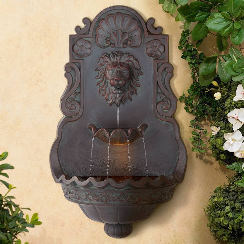 John Timberland Roman Outdoor Wall Water Fountain with Light 31 1/2" High Lion Head 2 Tiered for Yard Garden Patio Deck Home