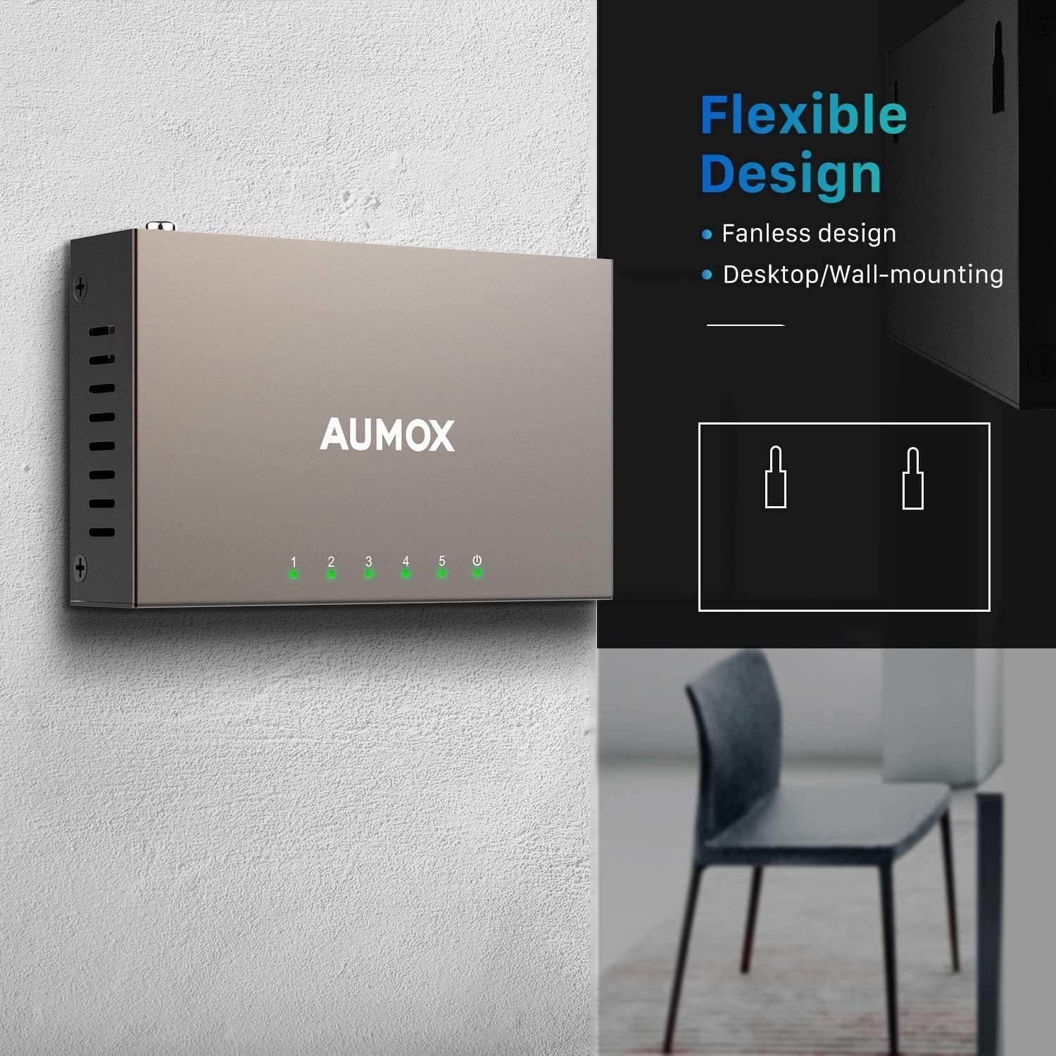 Aumox 5 Port Gigabit Ethernet Network Switch, Desktop, Unmanaged Ethernet Splitter, Durable Metal Casing, Traffic Optimization, Fanless Quite, Plug and Play (AM-SG205)