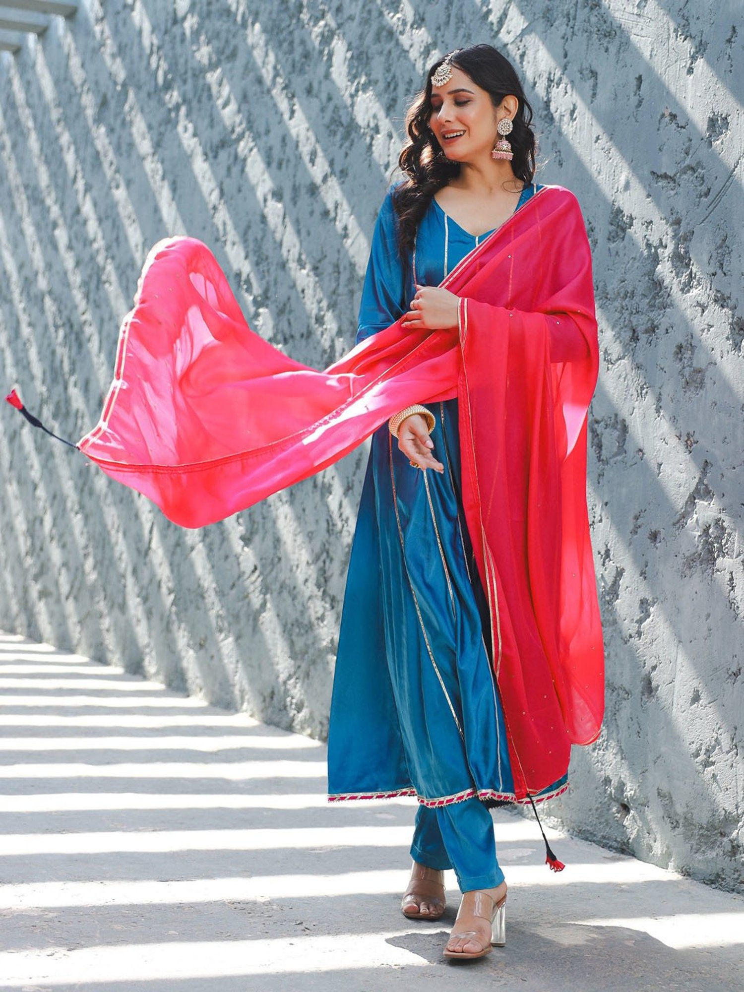 Thread and Button Satin Nora Blue Gota Worked Suit Set