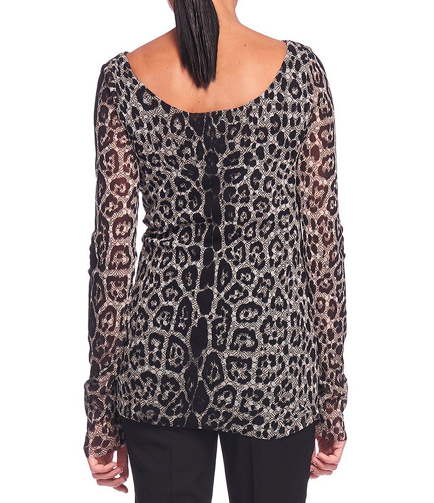 FUZZI Tulle Mesh Iconic Leopard Print Drape V-Neck Long Sleeve Top