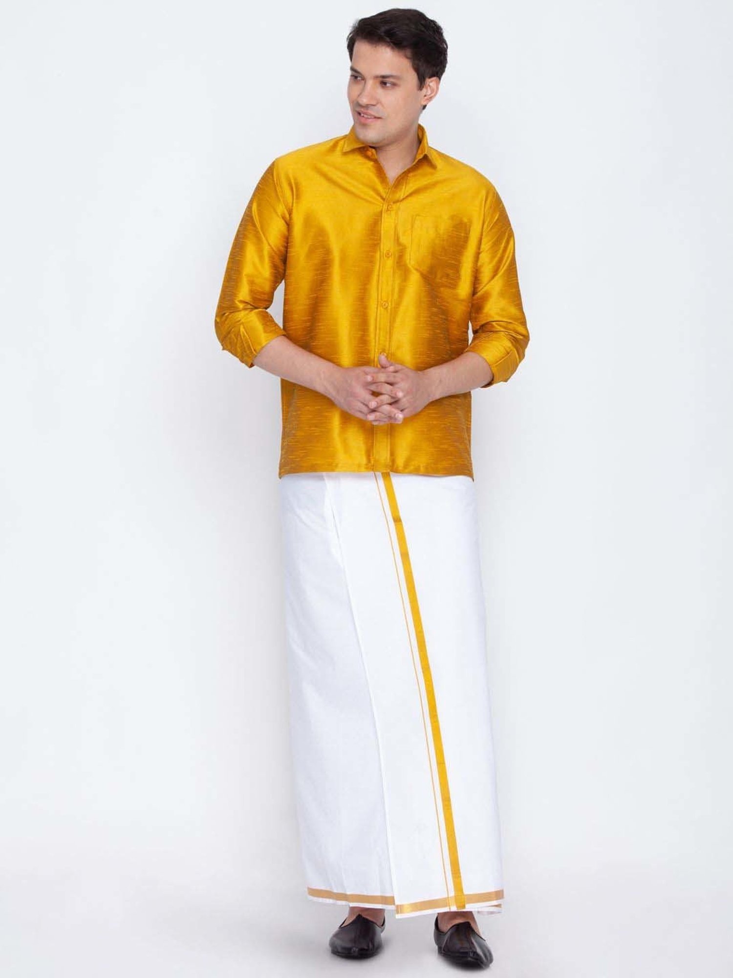 Vastramay Mustard & White Regular Fit Ethnic Shirt With Mundu